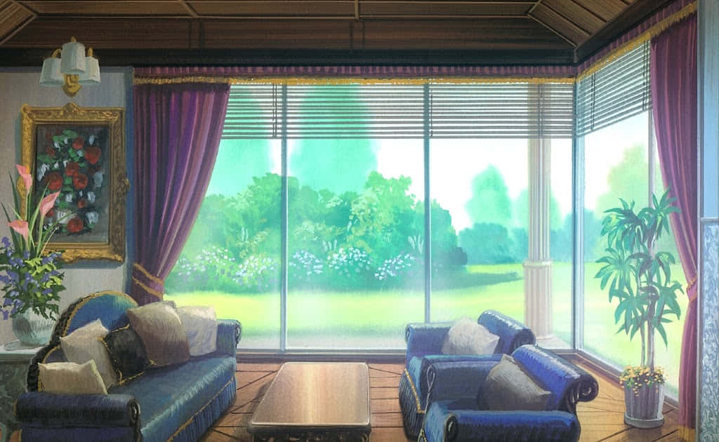 Anime Living Room 桌布 壁紙 — 一個舒適的動漫風格客廳，配有藍色沙發和紫色窗簾，透過大窗戶可欣賞到鬱鬱蔥蔥的花園景色。