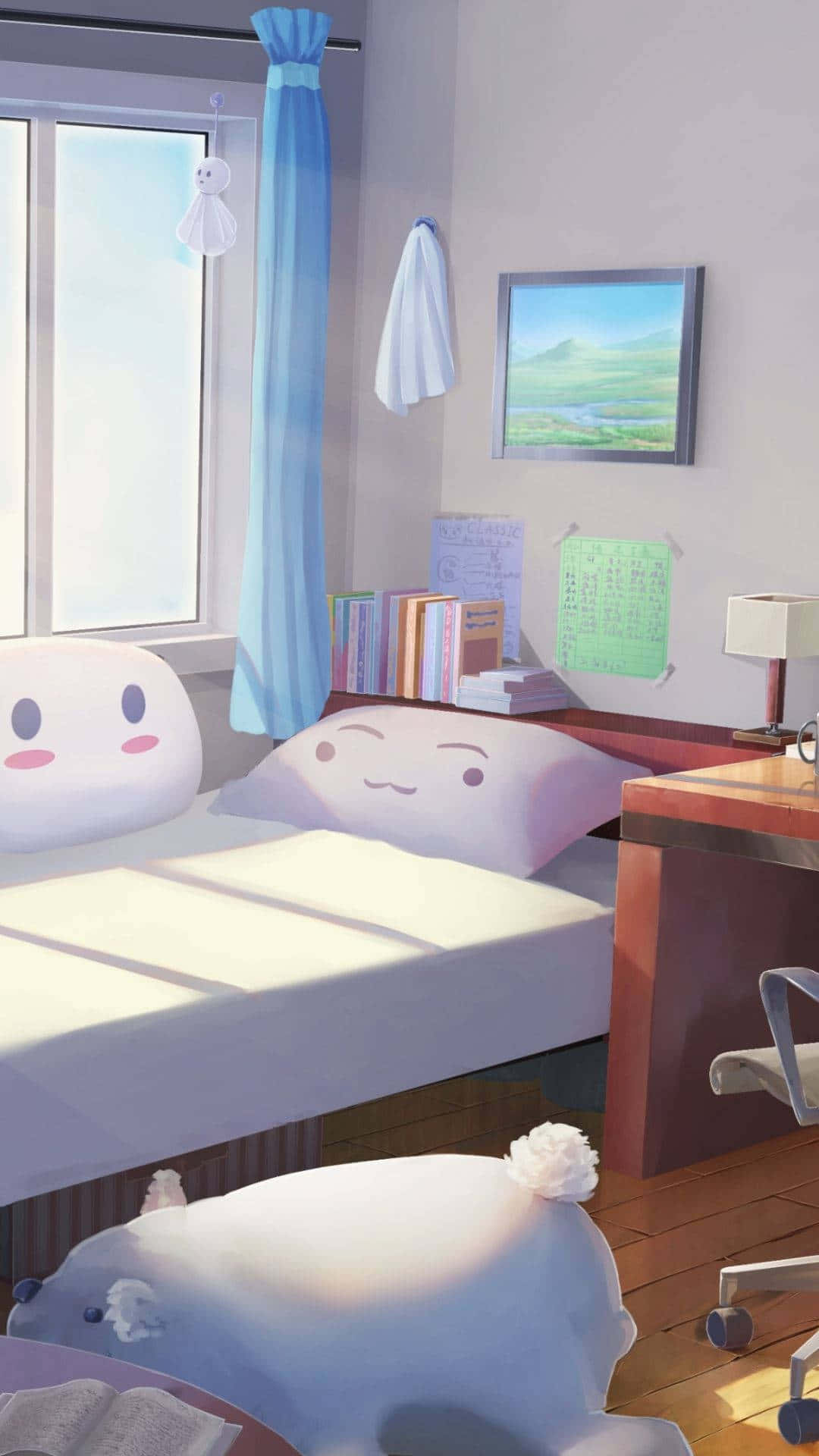 Cute Anime Bedroom 桌布 壁紙 — 一個舒適的動漫風格臥室，沐浴在柔和的晨光中，配有可愛的雲朵形狀枕頭，窗外是藍天景色。