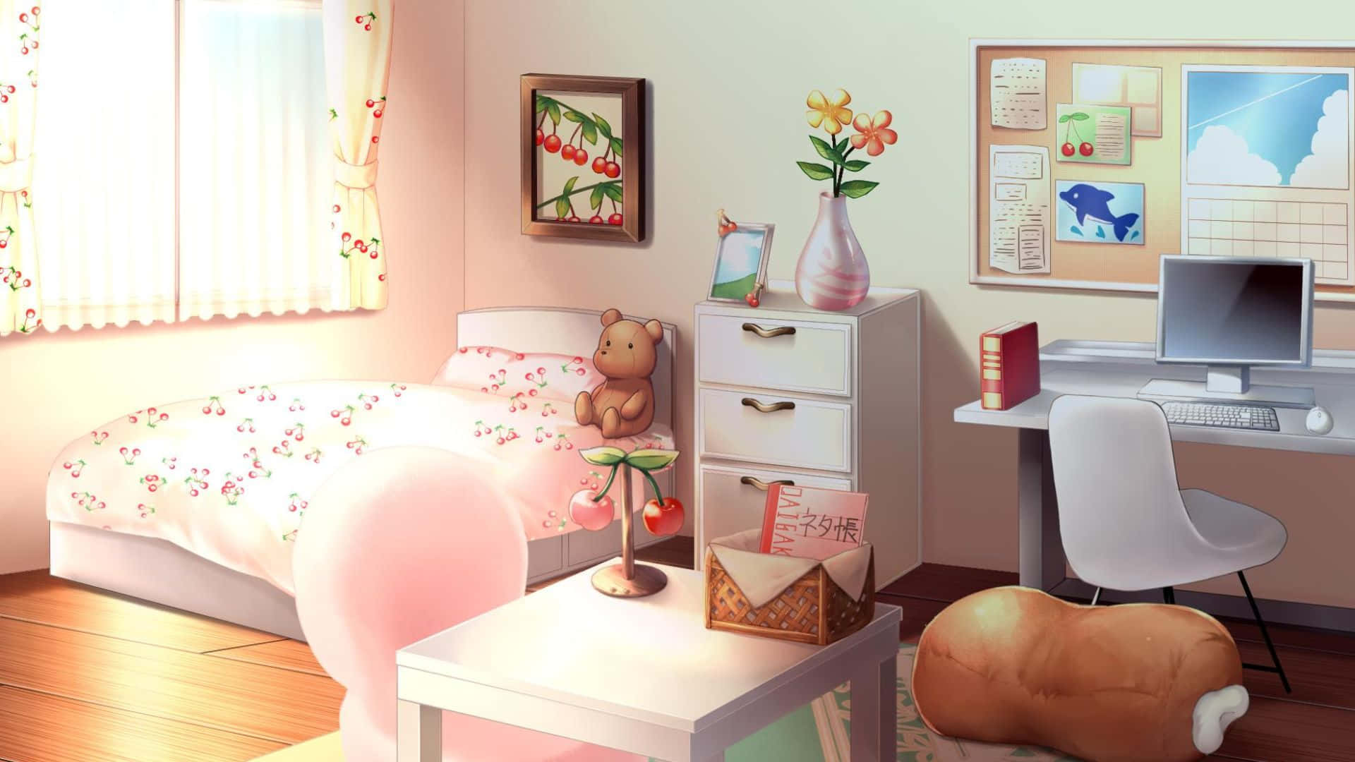 Aesthetic Anime Bedroom 桌布 壁紙 — 一個舒適的動漫風格臥室，沐浴在柔和的晨光中，床品和牆壁上帶有櫻花圖案。