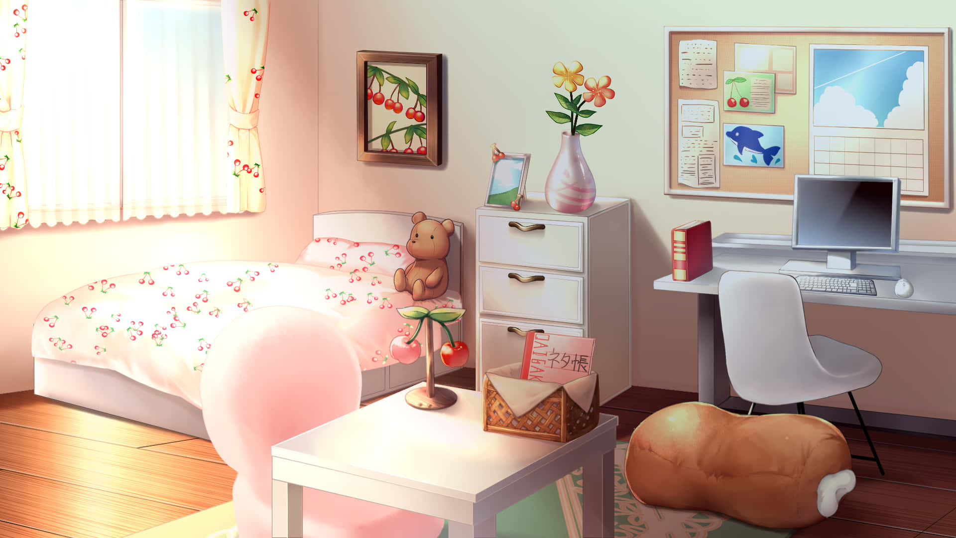 Cute Anime Bedroom 桌布 壁紙 — 一個舒適的動漫風格臥室，沐浴在柔和的晨光中，床上用品和窗簾上帶有櫻花圖案。
