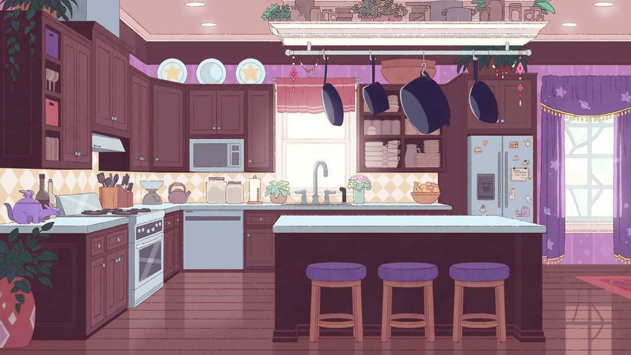 720p Kitchen 桌布 壁紙 — 一個舒適的動畫廚房，配有木製櫥櫃、紫色凳子和掛鍋，沐浴在柔和日光中。