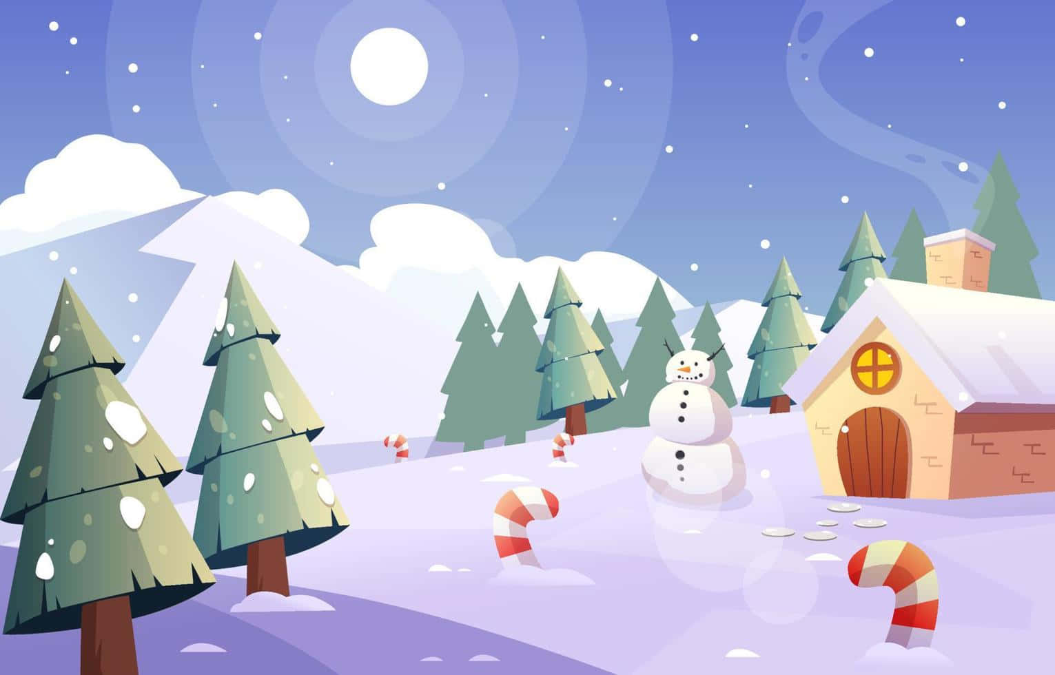  壁紙 — 一個舒適的卡通冬季場景，有雪人、拐杖糖和雪覆蓋的小屋，在星空下。