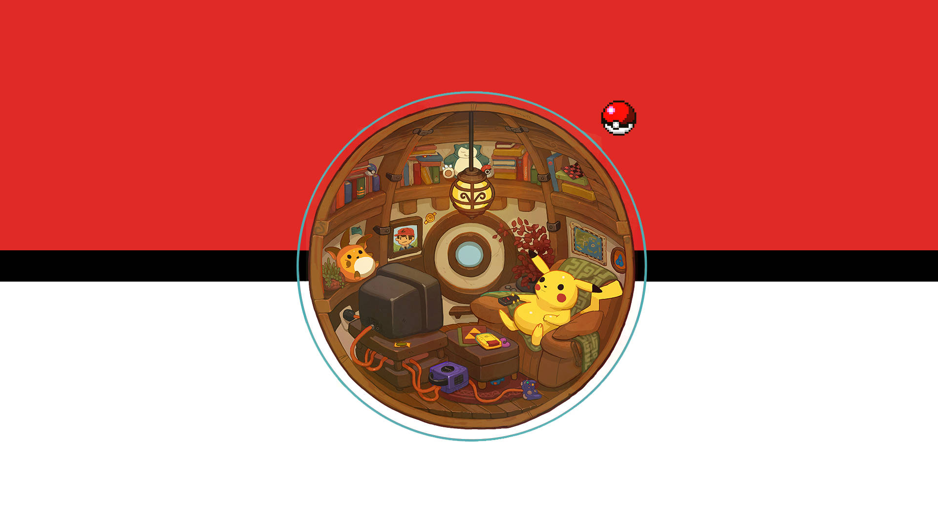 Raichu 桌布 壁紙 — 一個舒適的卡通房間，皮卡丘躺在沙發上，周圍是書本和遊戲裝備，位於寶貝球內。