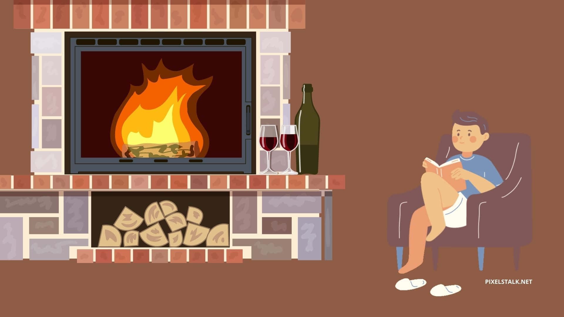 Cozy Winter Desktop 桌布 壁紙 — 一個舒適的卡通男孩在壁爐旁的椅子上看書，壁爐架上放著酒杯和酒瓶。