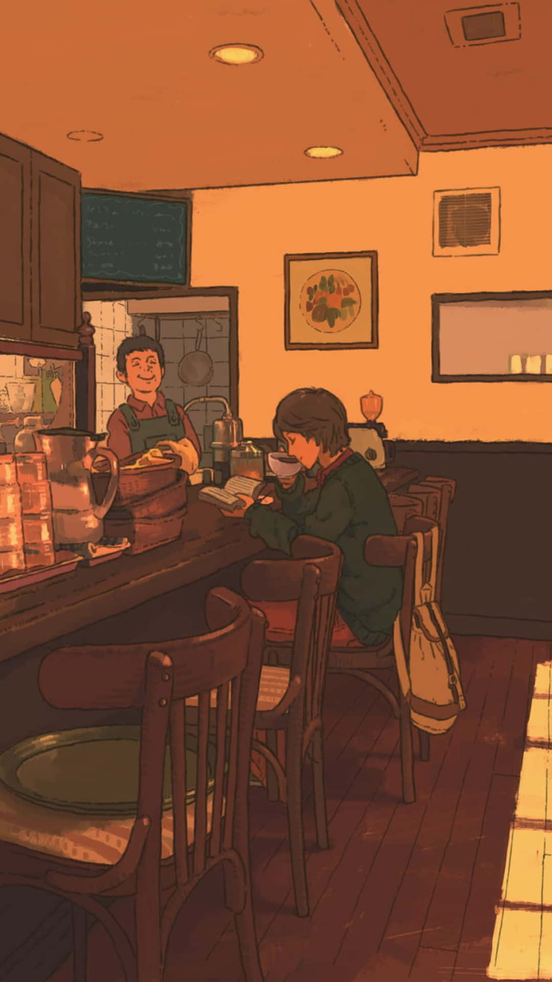 動漫女孩 桌布 壁紙 — 一個舒適的咖啡店場景，顧客在櫃檯閱讀，而微笑的咖啡師在溫暖的橙色燈光下提供食物。