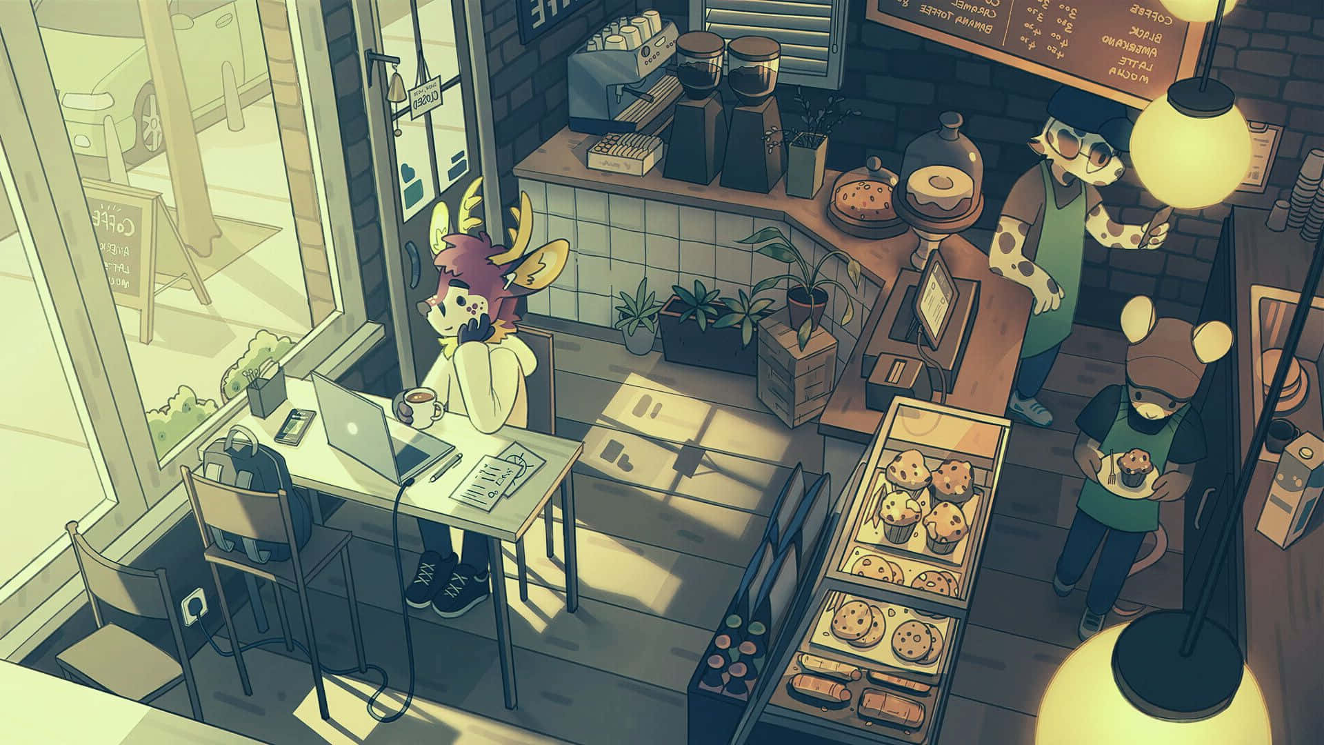 動漫角色 桌布 壁紙 — 一個舒適的咖啡館內部，擬人化的動物顧客在溫暖的燈光下享用糕點和咖啡。
