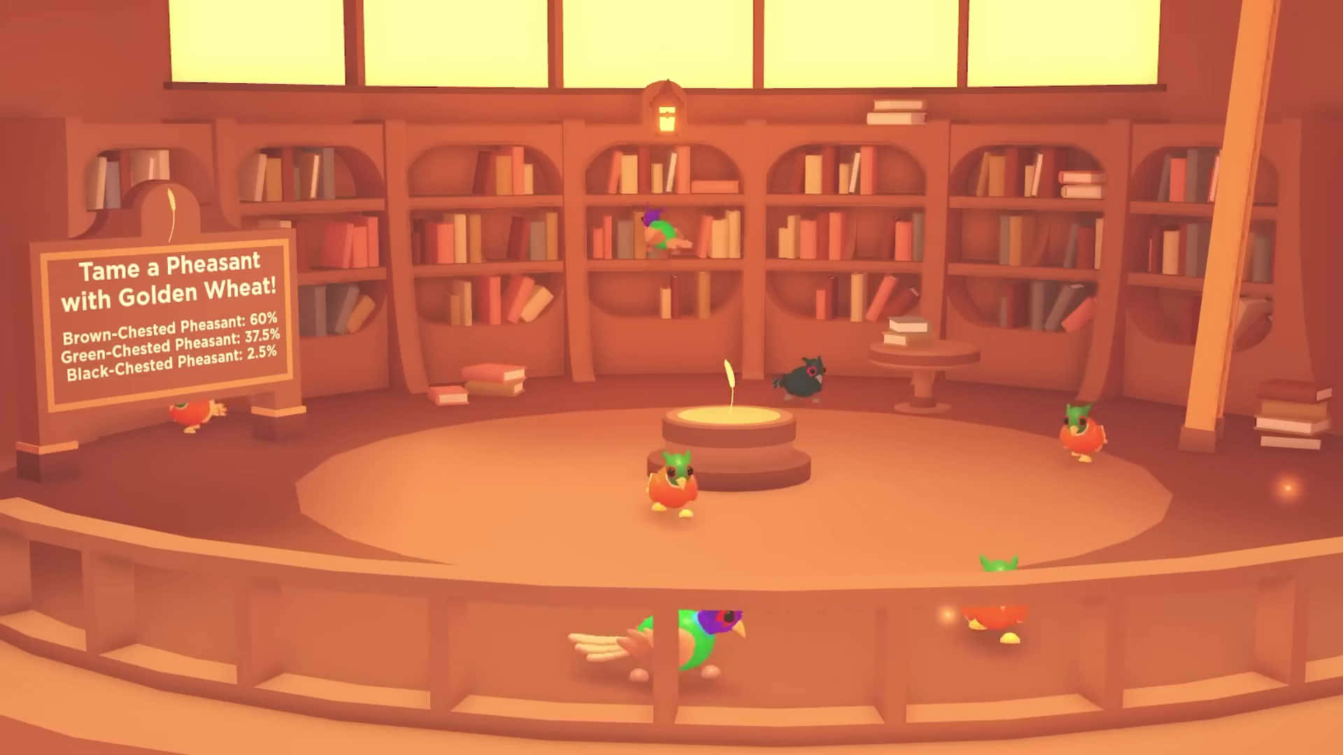 Roblox 桌布 壁紙 — 一個舒適的圖書館，有書架和色彩繽紛的雉雞在溫暖的金色燈光下圍繞中央舞台漫步。