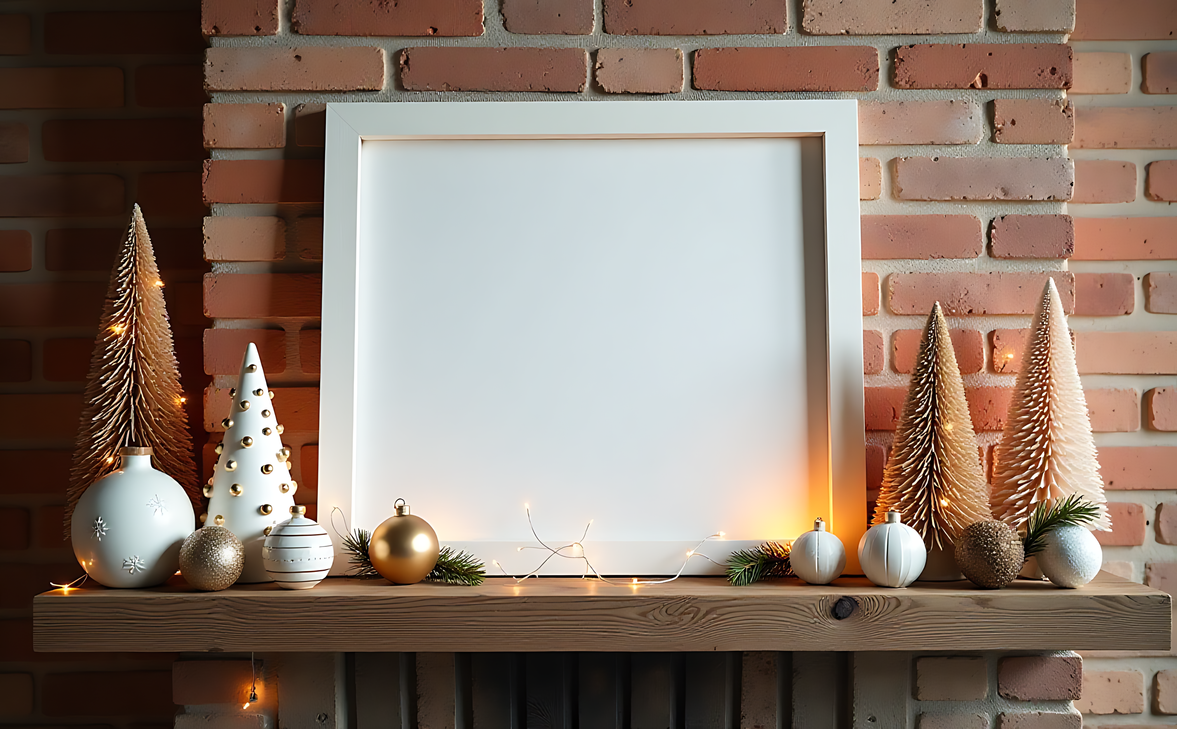 Decor 桌布 壁紙 — 一個舒適的壁爐架，裝飾著迷你樹、裝飾品和溫暖的串燈，背景是磚牆。