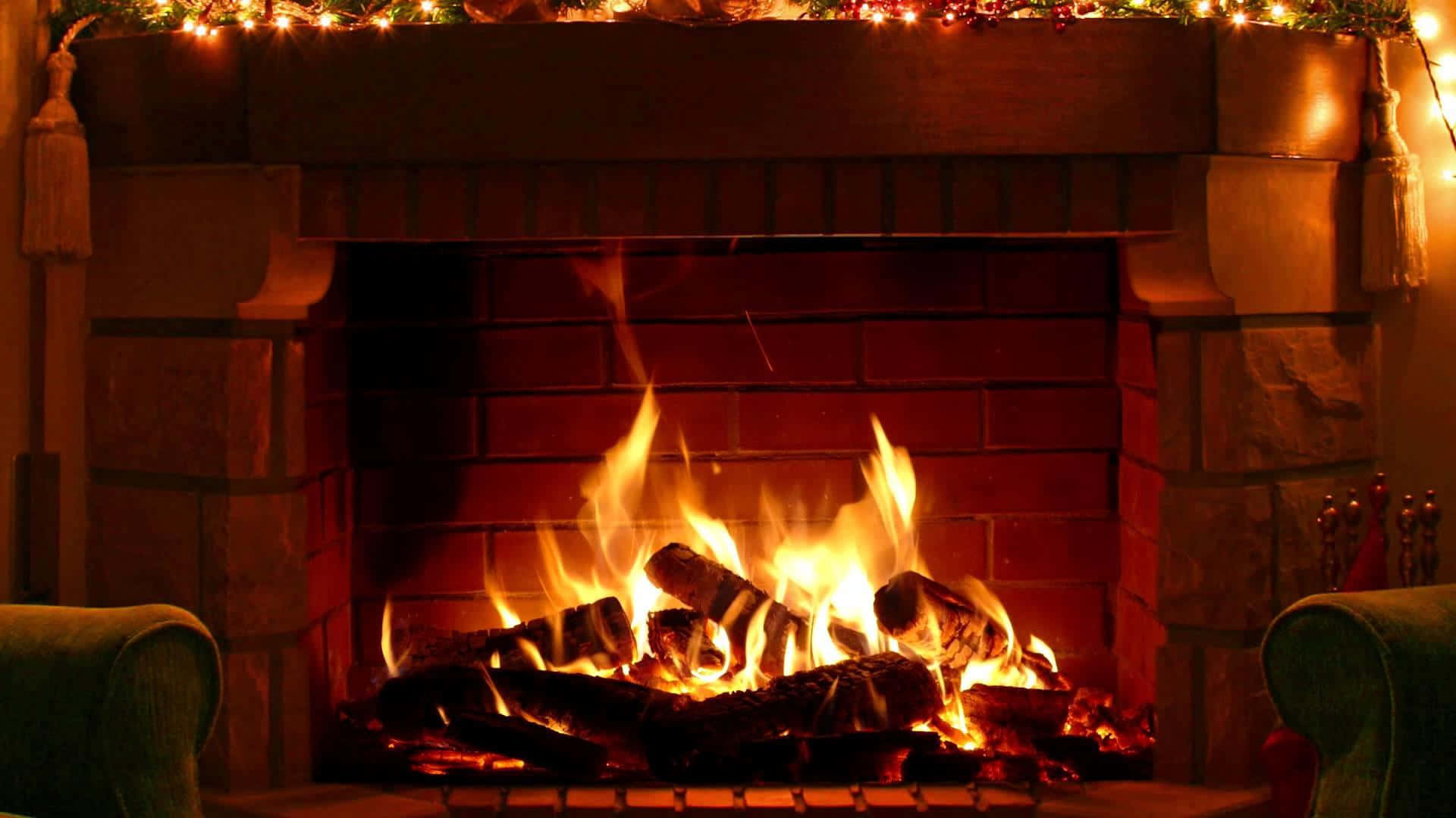 Autumn Fireplace 桌布 壁紙 — 一個舒適的壁爐發出劈啪聲，溫暖的火焰在磚牆和綠色扶手椅上投下金色的光芒。