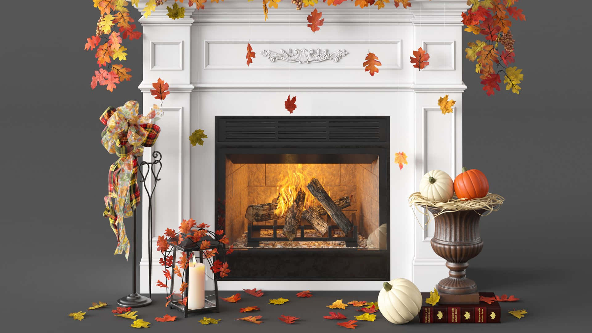 Autumn Fireplace 桌布 壁紙 — 一個舒適的壁爐發出噼啪聲，溫暖的火焰被秋葉、南瓜和格子蝴蝶結環繞，背景是灰色牆壁。