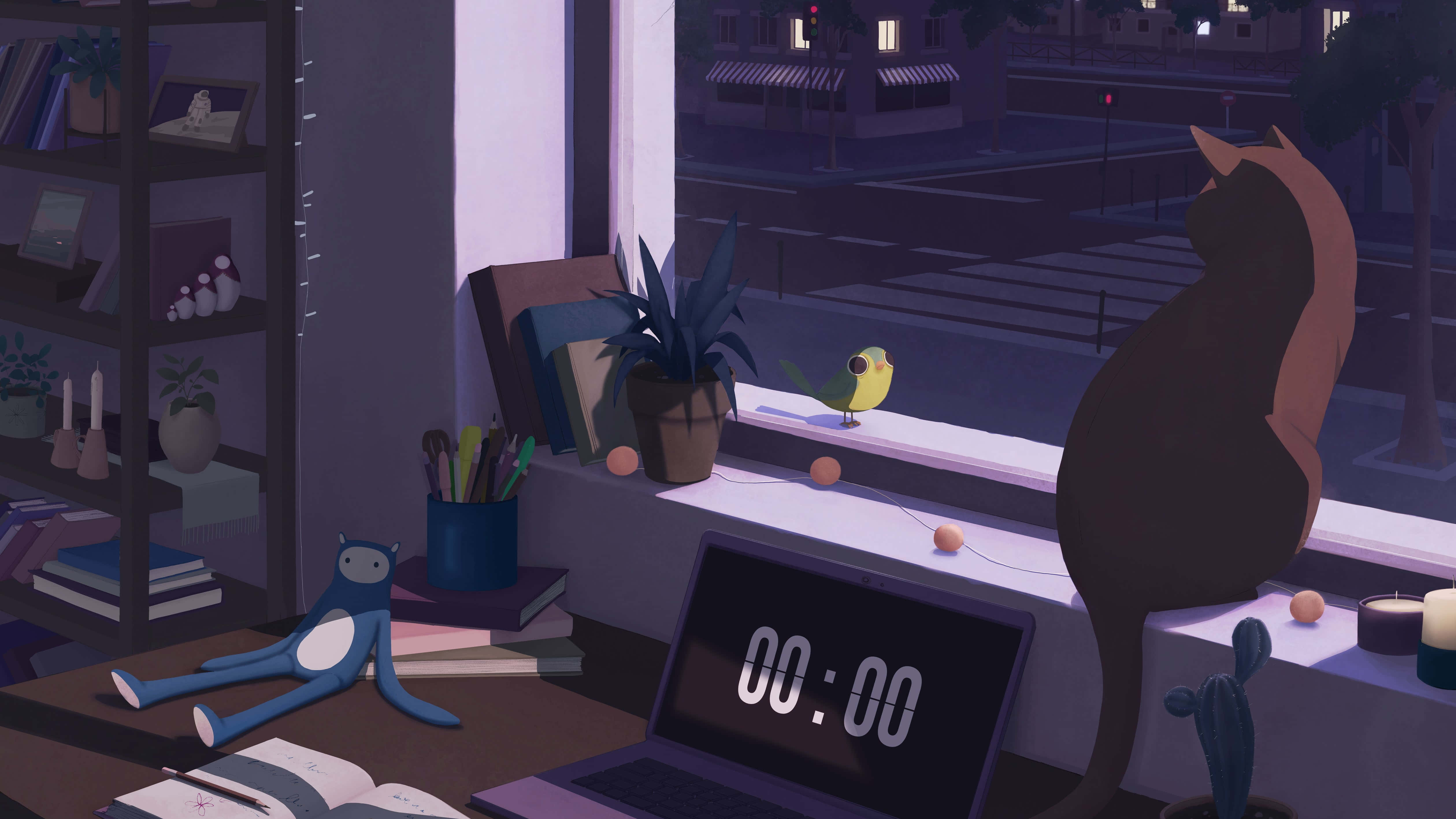 lofi 桌布 壁紙 — 一個舒適的夜晚書桌場景，窗台上有一隻貓和一隻鳥，俯瞰著一條安靜的街道，筆記型電腦顯示00:00，書籍散落各處。