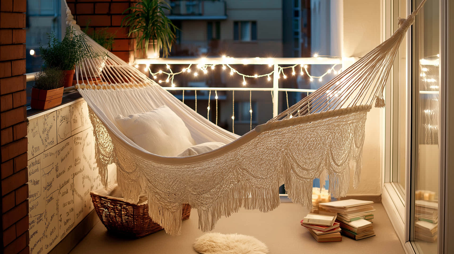 Boho Hammock on Balcony with String Lights 壁紙 — 一個舒適的奶油色流蘇吊床配枕頭，掛在一個裝飾有燈串、書籍和盆栽植物的陽台上。