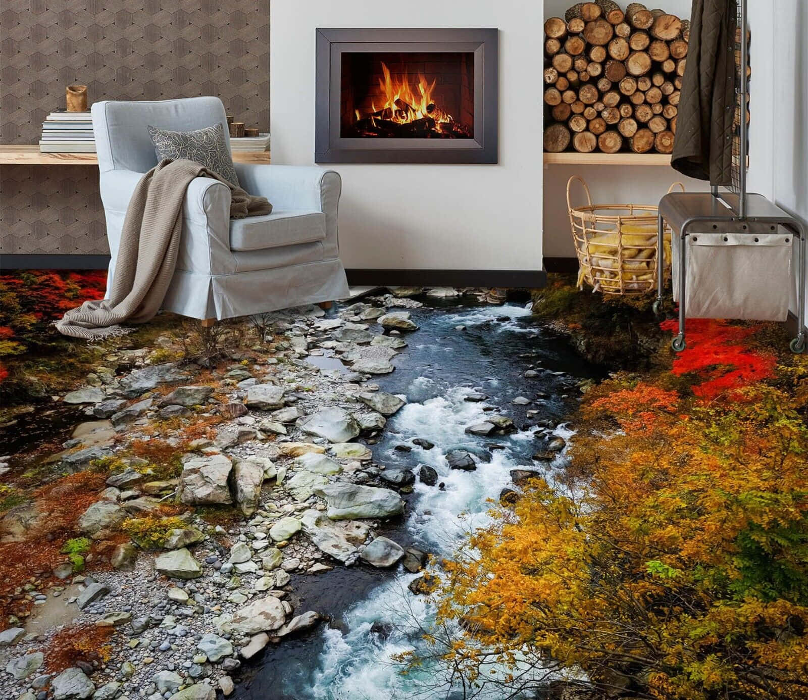 Autumn Fireplace 桌布 壁紙 — 一個舒適的客廳，設有熊熊燃燒的壁爐和堆疊的木柴，地板採用3D列印技術，描繪了一條穿過色彩繽紛秋葉的奔騰秋溪。