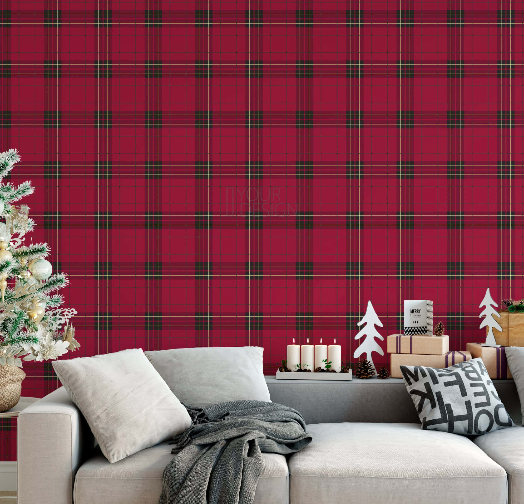 Black And Red Plaid 桌布 壁紙 — 一個舒適的客廳，配有鮮明的紅色格子壁紙、灰色沙發、白色枕頭，以及節日裝飾，包括結霜的樹和蠟燭。