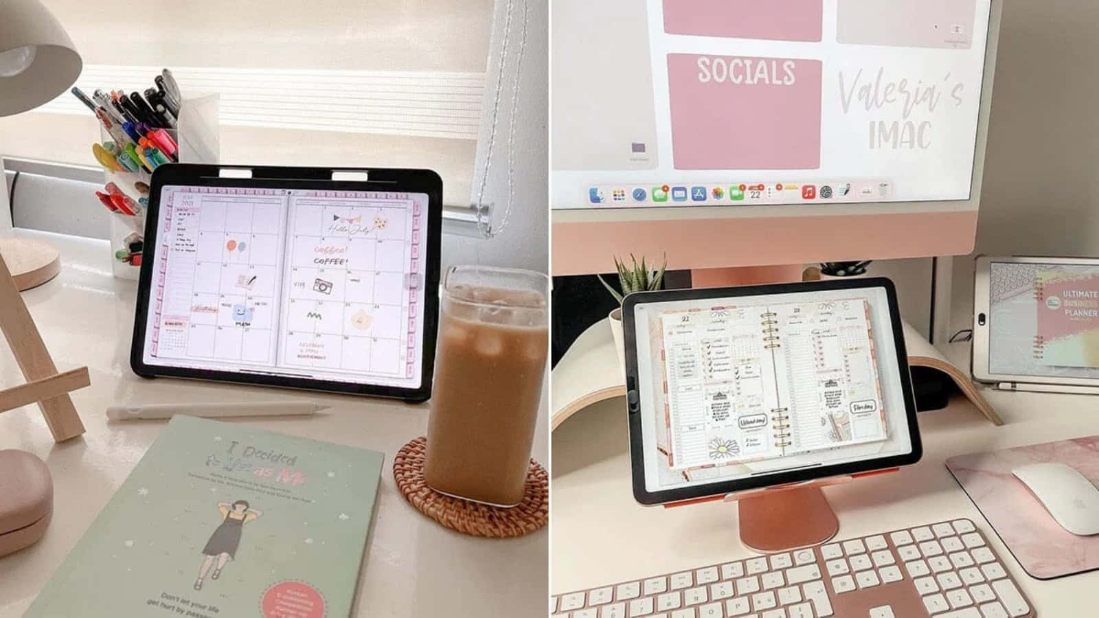 iPad 桌布 壁紙 — 一個舒適的家庭辦公室設置，平板電腦顯示色彩繽紛的數位計劃表，旁邊放著一杯冰咖啡和一部粉紅色 iMac。