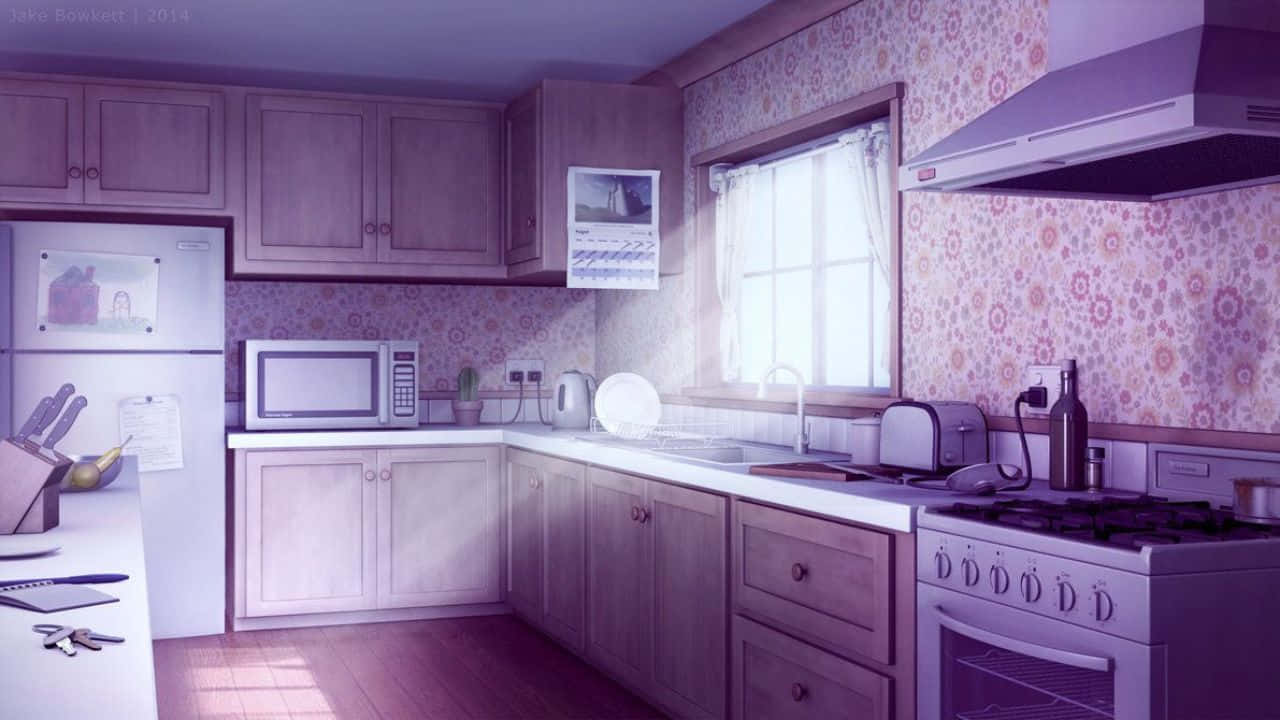 720p Kitchen 桌布 壁紙 — 一個舒適的廚房，沐浴在柔和的紫色燈光中，配有花卉壁紙和木製櫥櫃。