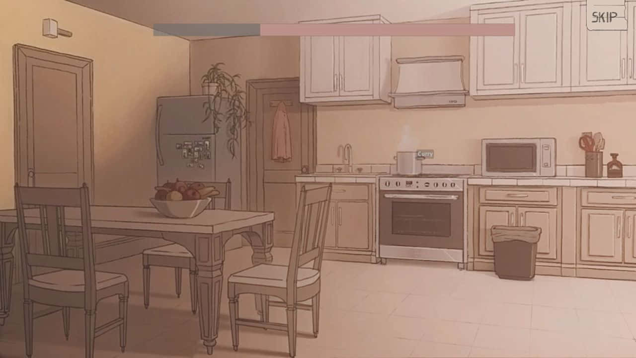 720p Kitchen 桌布 壁紙 — 一個舒適的廚房，配有木桌、椅子、冰箱和櫥櫃，沐浴在溫暖的棕褐色調中。