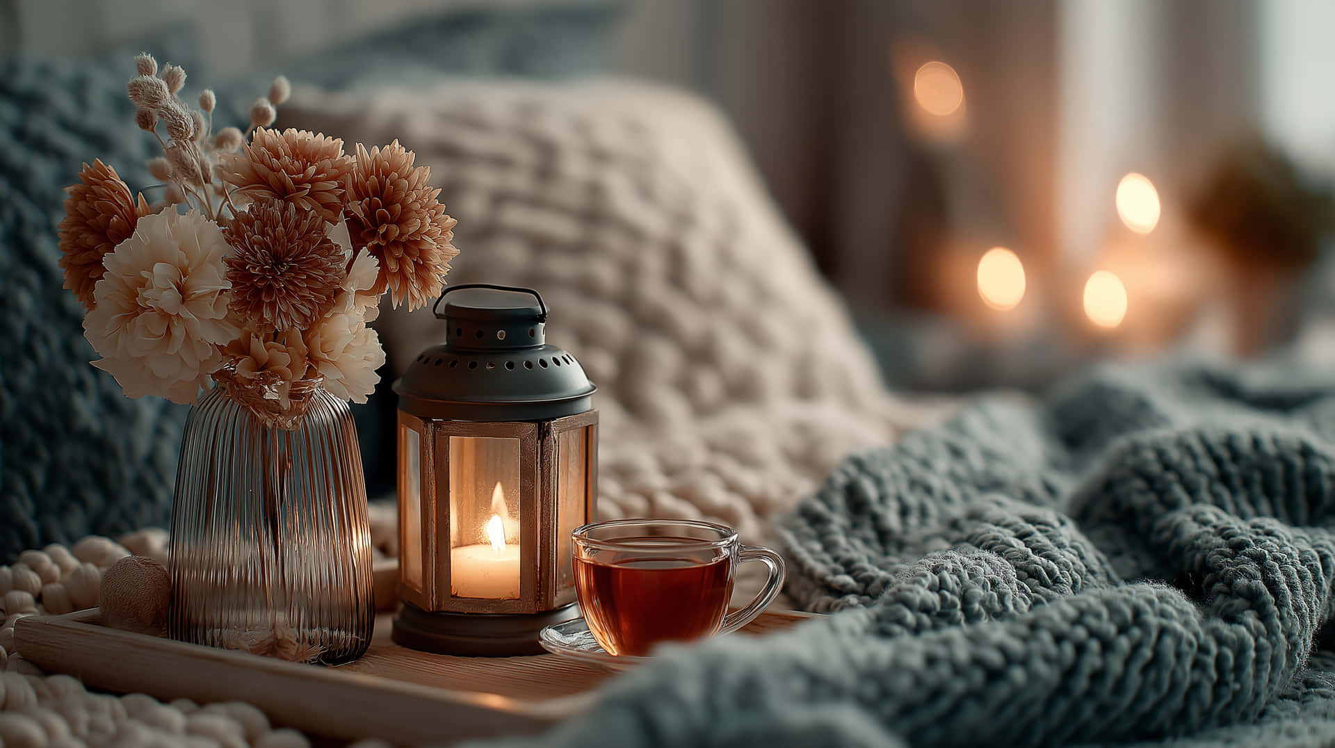 Detailed Image of Cozy Bedroom with Warm Tea and Lantern 壁紙 — 一個舒適的托盤上放著乾花、點亮的燈籠和一杯茶，旁邊是一條針織毯，背景有柔和發光的燈光。