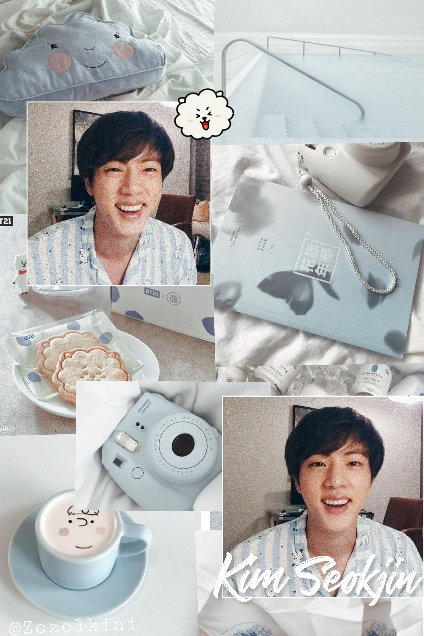 Cute Bts 桌布 壁紙 — 一個舒適的拼貼畫，包含淺藍色主題物品，包括一個微笑的雲朵枕頭、一個帶有臉部設計的咖啡杯，以及一個穿著條紋襯衫的微笑男士。