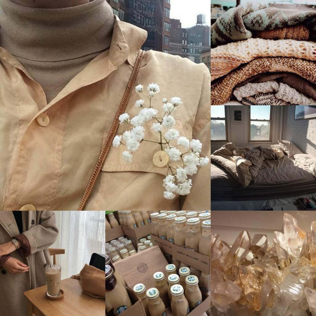 Soft Brown Aesthetic 桌布 壁紙 — 一個舒適的拼貼畫，包含米色風衣、滿天星、堆疊的針織毛衣、凌亂的床、瓶裝飲料和發光的水晶。