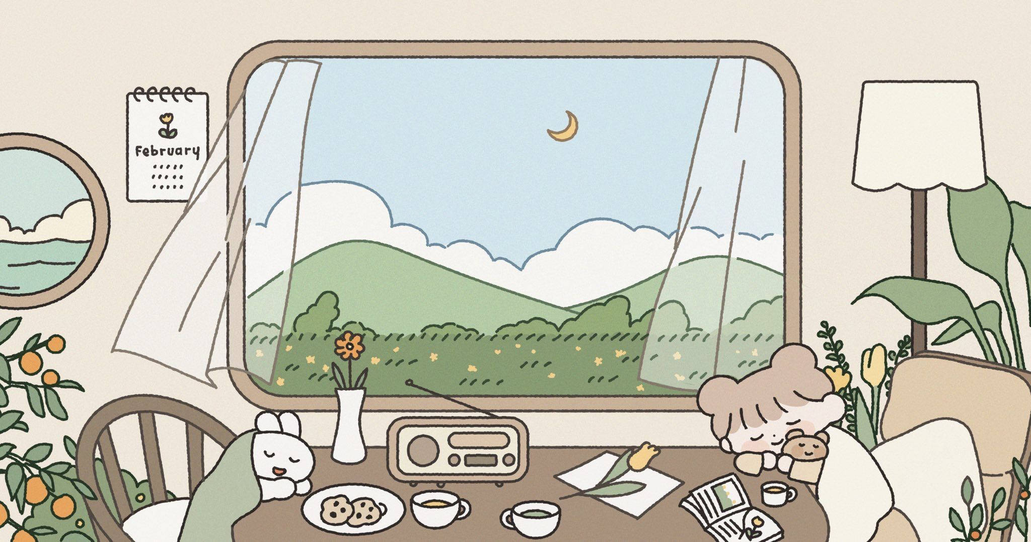 Pinterest 美學 桌布 壁紙 — 一個舒適的插圖場景，描繪一個人在窗邊閱讀，窗外有新月和綠色山丘。