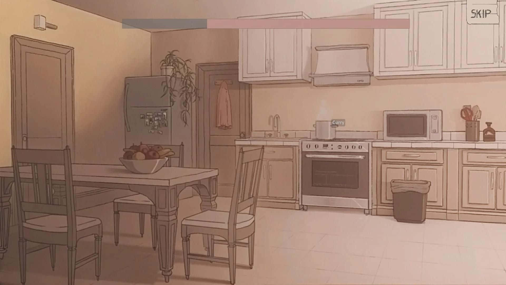 Aesthetic Anime Bedroom 桌布 壁紙 — 一個舒適的插圖廚房，配有木桌、椅子、冰箱和櫥櫃，沐浴在溫暖的懷舊色調中。
