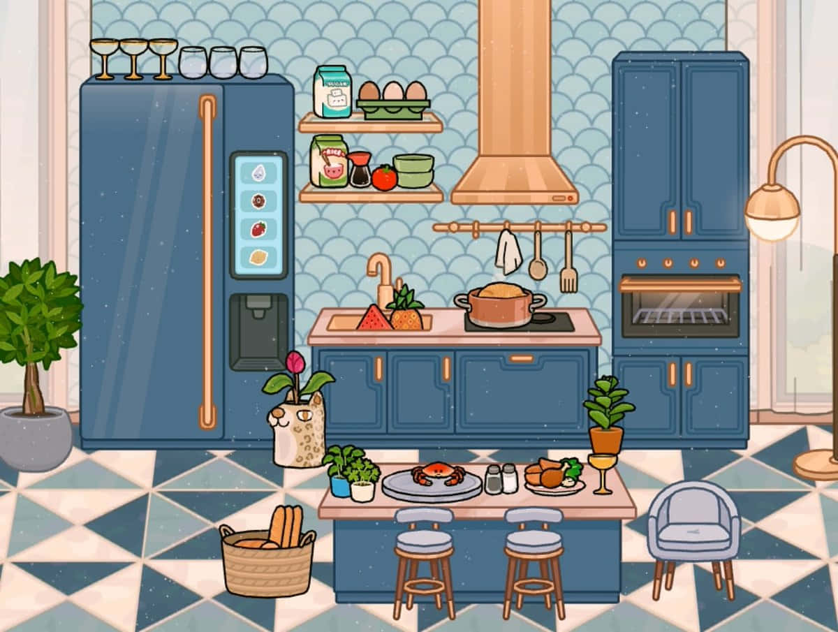 kitchen 桌布 壁紙 — 一個舒適的插圖廚房，配有藍色櫥櫃、幾何瓷磚地板和準備好用餐的餐桌。