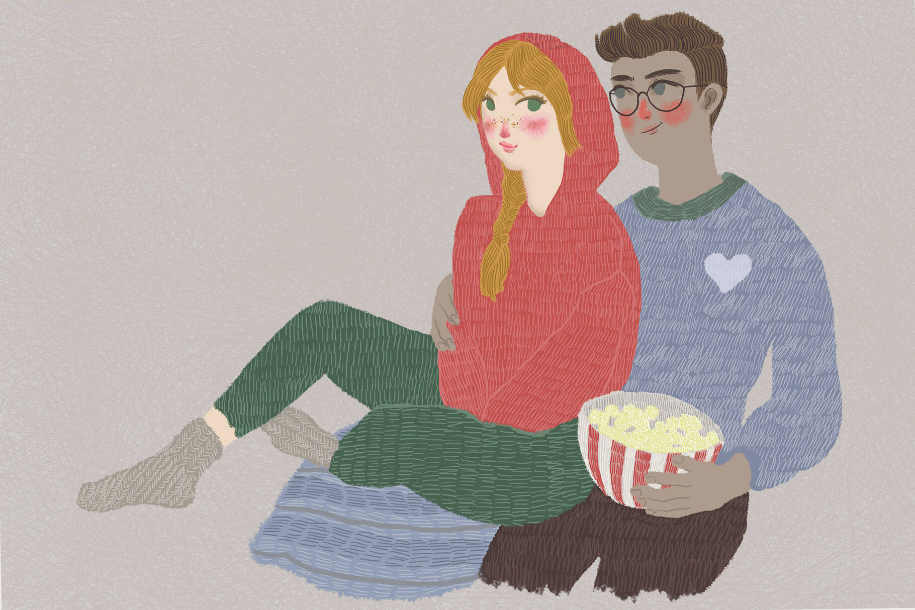 Cute Couple Cartoon 桌布 壁紙 — 一個舒適的插圖情侶穿著連帽衫和襪子，坐在毯子上分享爆米花。