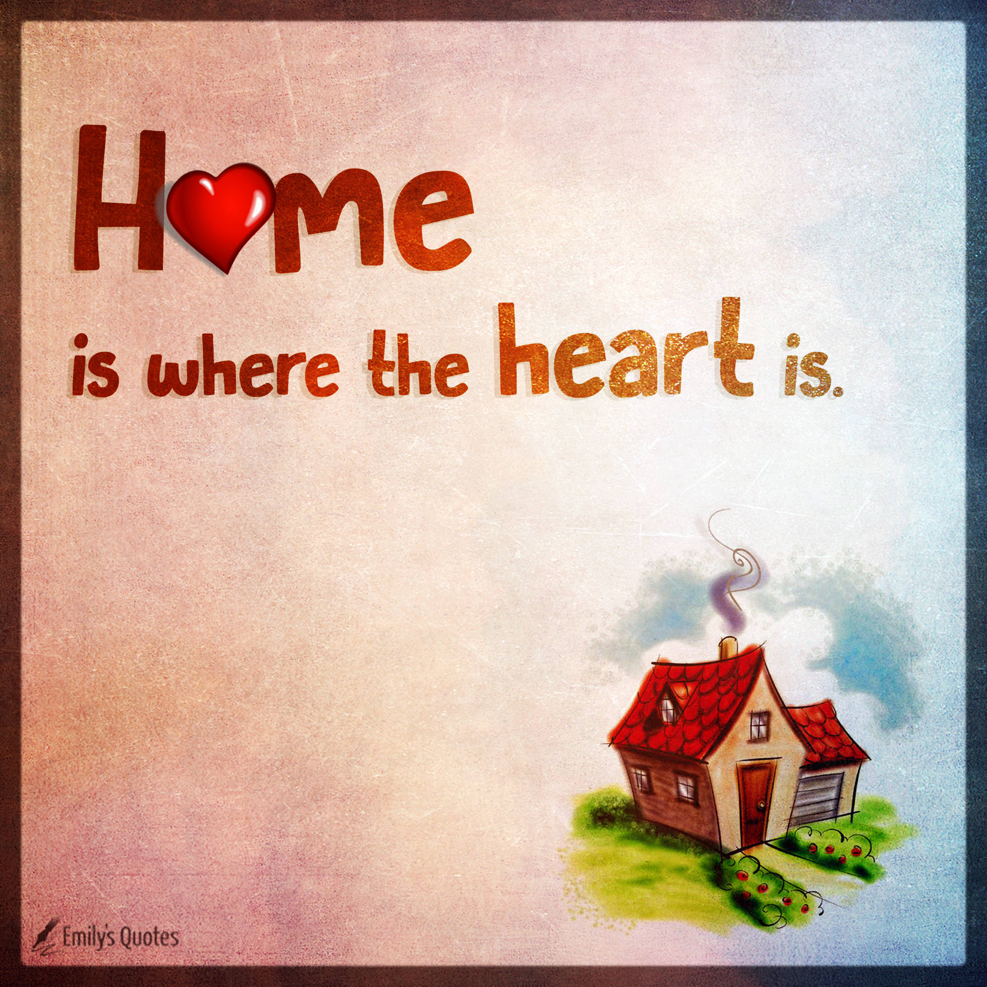 Home 桌布 壁紙 — 一個舒適的插圖房屋，帶有紅色屋頂和心形文字，位於紋理背景上。