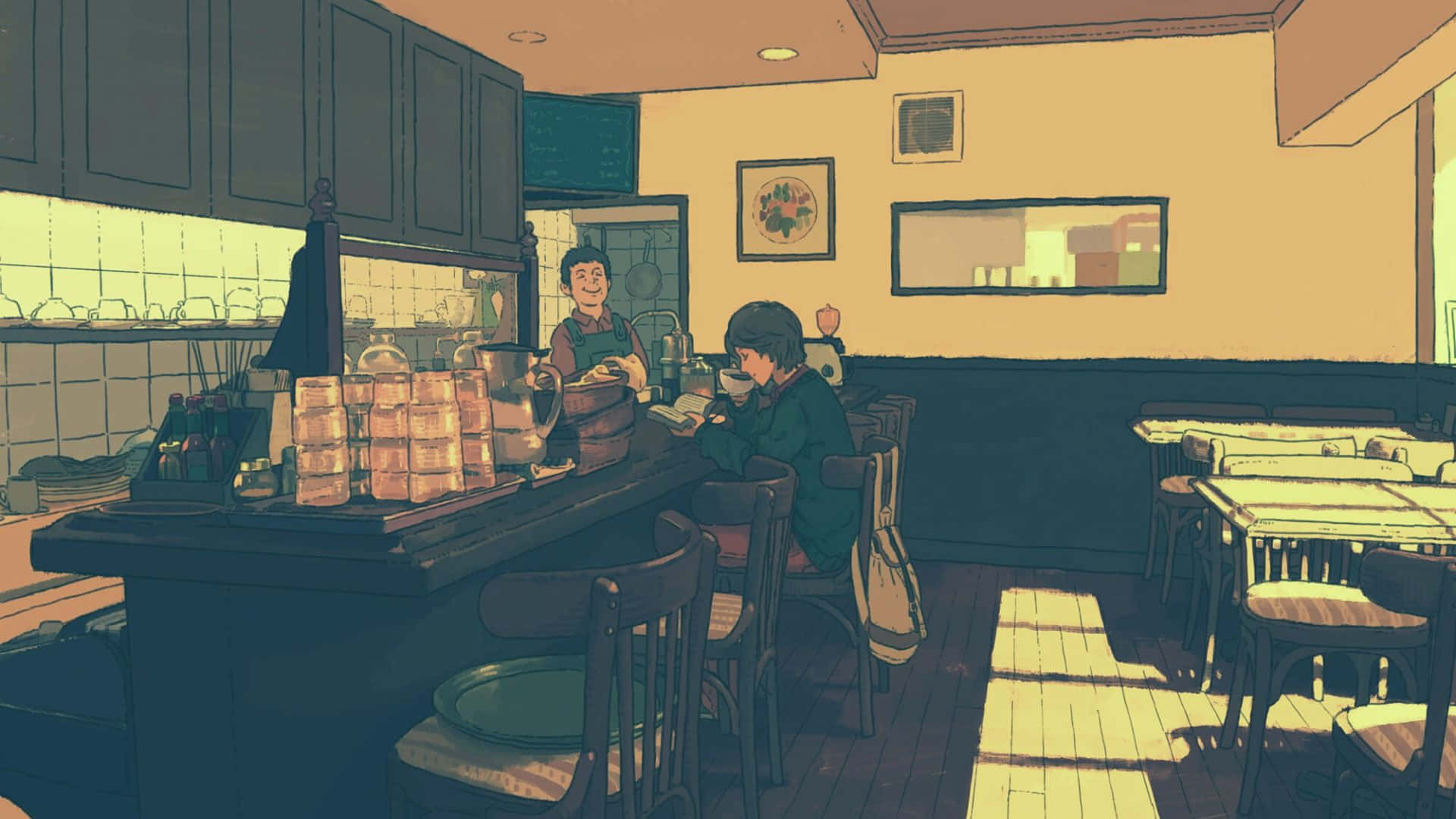 Anime Desktop 桌布 壁紙 — 一個舒適的插圖風格咖啡館內部，沐浴在溫暖的金色光線中，有顧客在櫃檯閱讀，後面站著一位咖啡師。