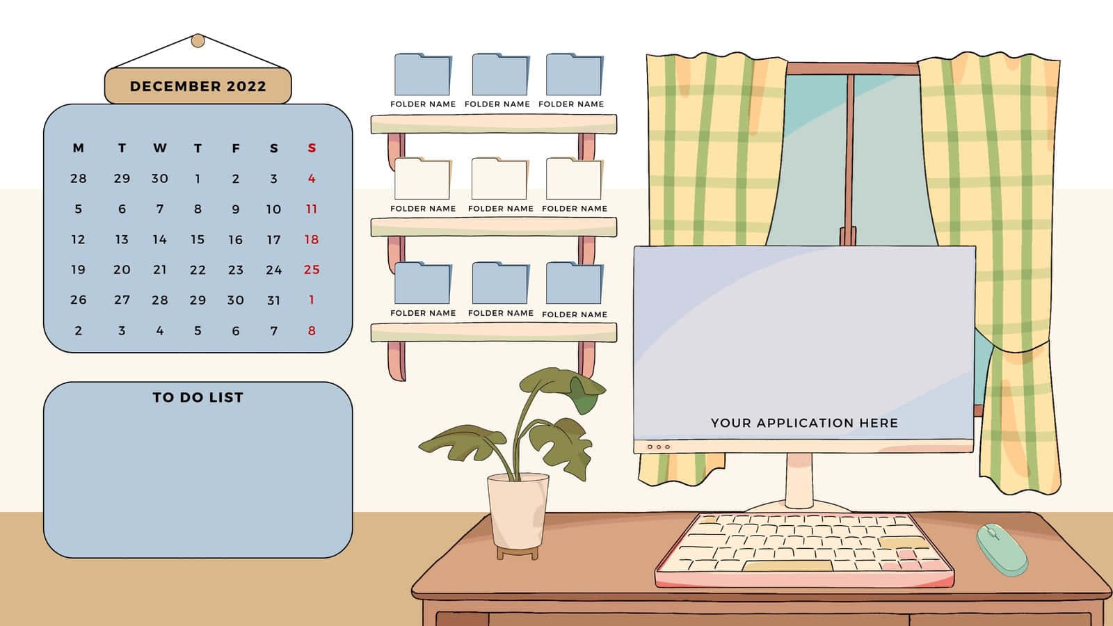 Animated 桌布 壁紙 — 一個舒適的插圖風格書桌設置，配有日曆、待辦事項清單、文件夾和一部電腦，置於格紋窗簾下。