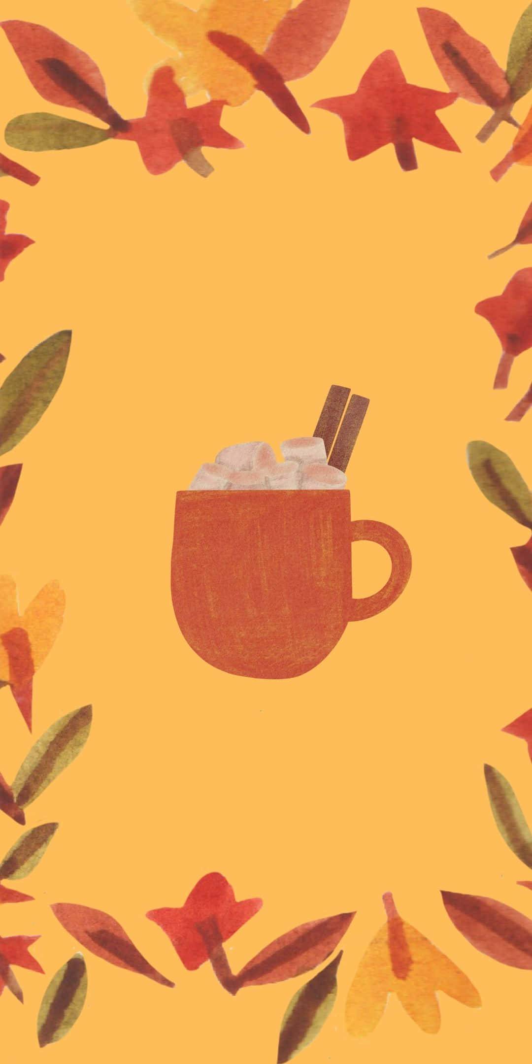 Android Autumn 桌布 壁紙 — 一個舒適的橙色馬克杯，上面有鮮奶油和肉桂棒，位於充滿活力的秋葉邊框內，背景是溫暖的黃色。