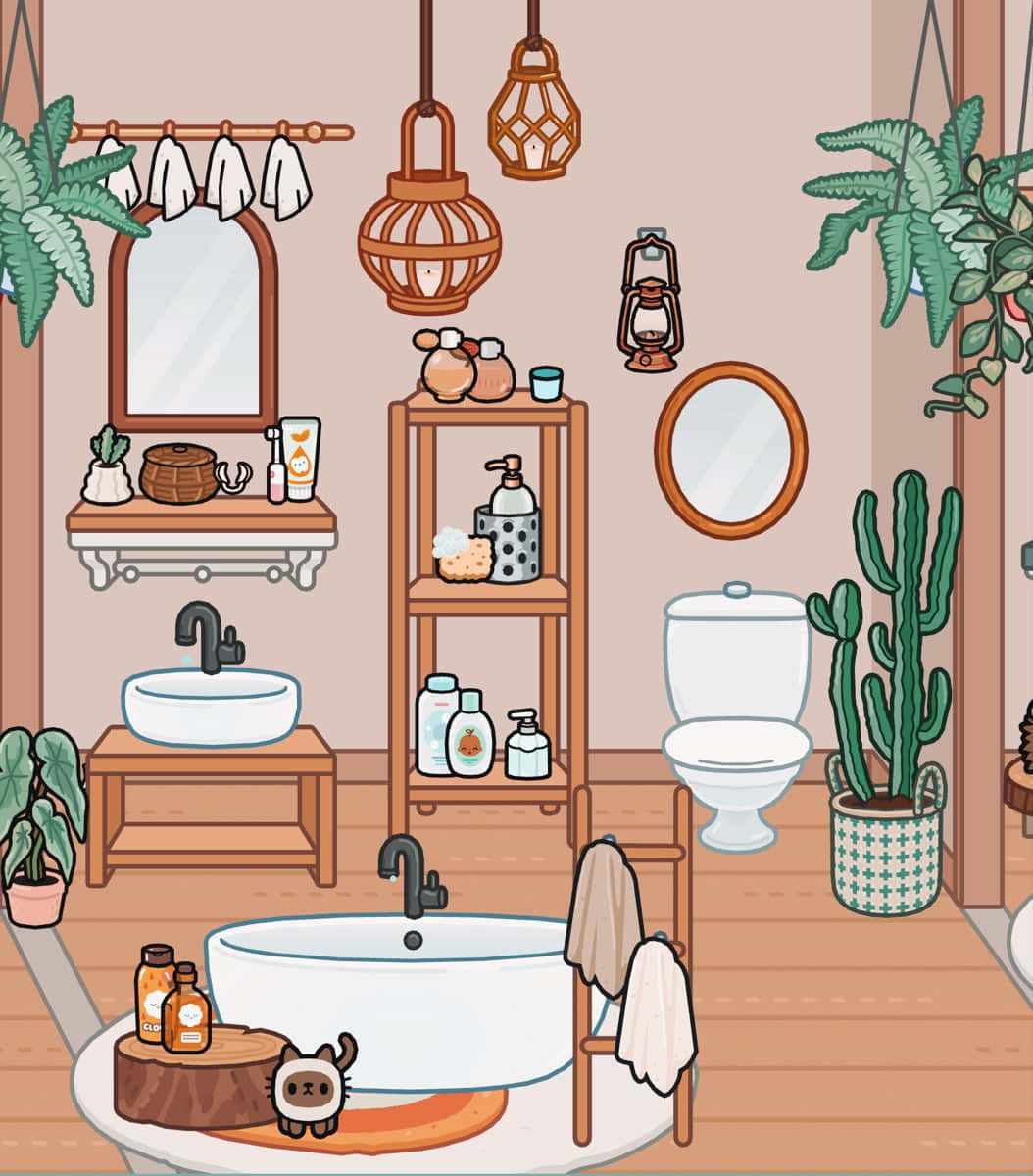 Aesthetic Toca Life 桌布 壁紙 — 一個舒適的浴室，配有木製裝置、掛燈，以及圍繞獨立式浴缸和洗手台的茂盛綠色植物。