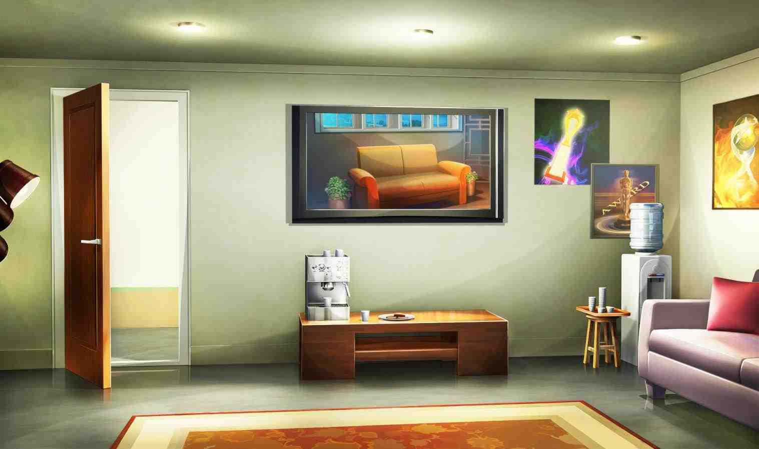 Anime Living Room 桌布 壁紙 — 一個舒適的現代客廳，配有紫色沙發、紅色枕頭、木製咖啡桌和牆上的抽象藝術，在溫暖的天花板燈光下。