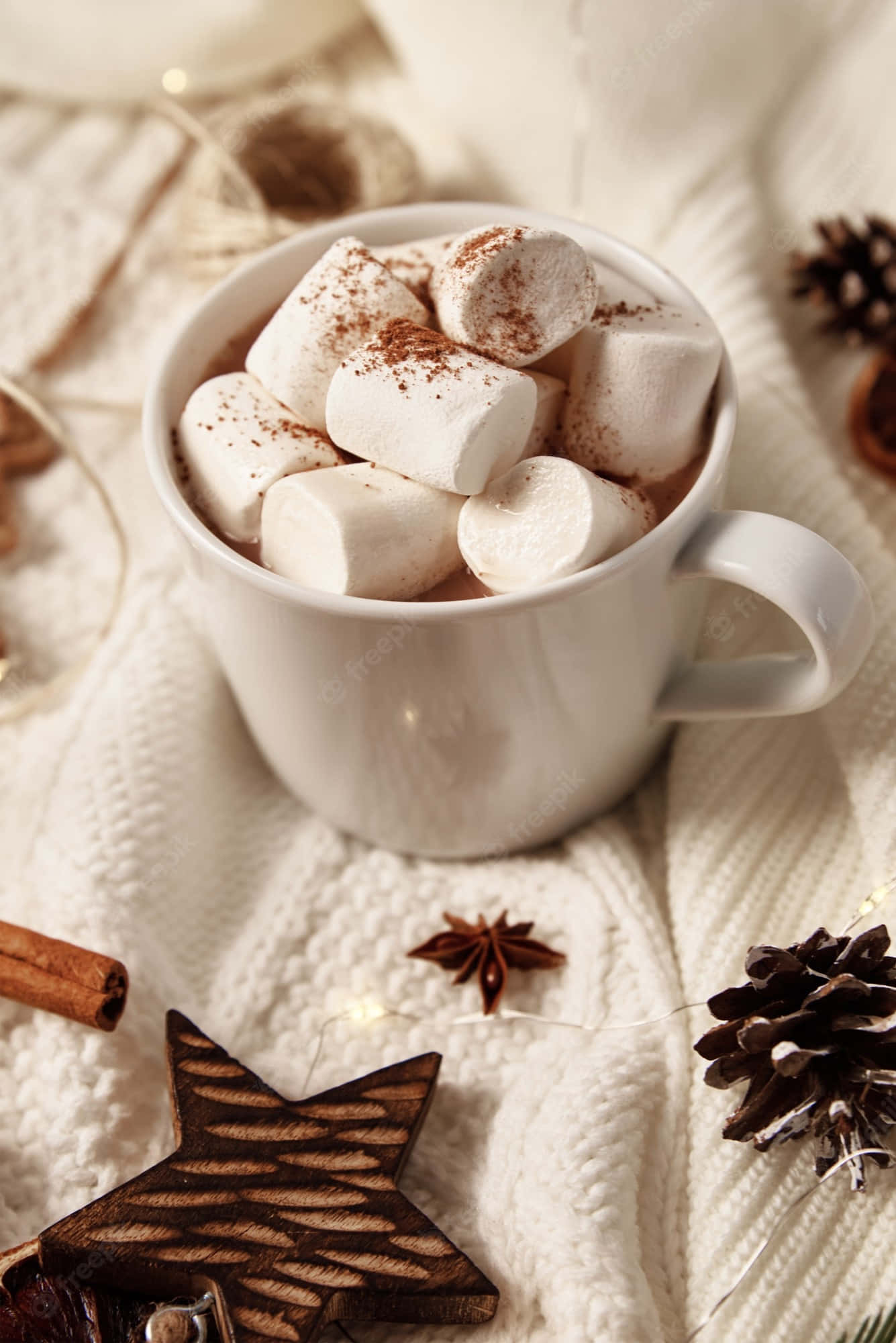 Hot Chocolate 桌布 壁紙 — 一個舒適的白色馬克杯裝滿熱巧克力和棉花糖，放在針織毯上，周圍環繞著松果、肉桂、八角星和仙女燈。