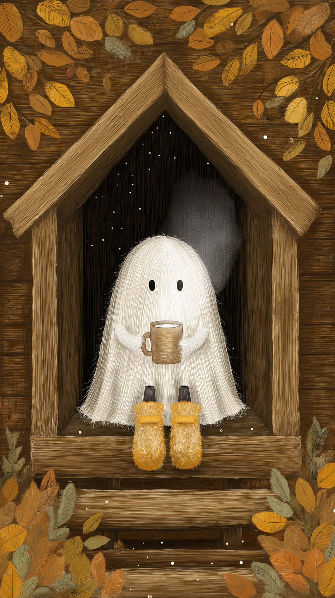 Cozy Ghost in Wooden Window with Mug and Slippers 壁紙 — 一個舒適的白鬼穿著黃色靴子，在一個被秋葉環繞的木屋內，在星空下喝著杯中的可可。