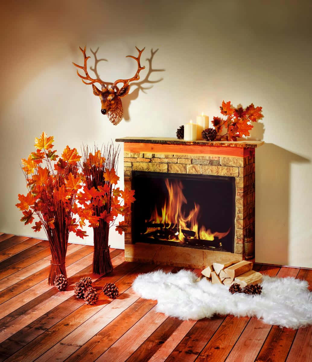 Autumn Fireplace 桌布 壁紙 — 一個舒適的秋天壁爐，噼啪作響的火焰被橙色樹葉、松果和一個掛著的鹿頭包圍。