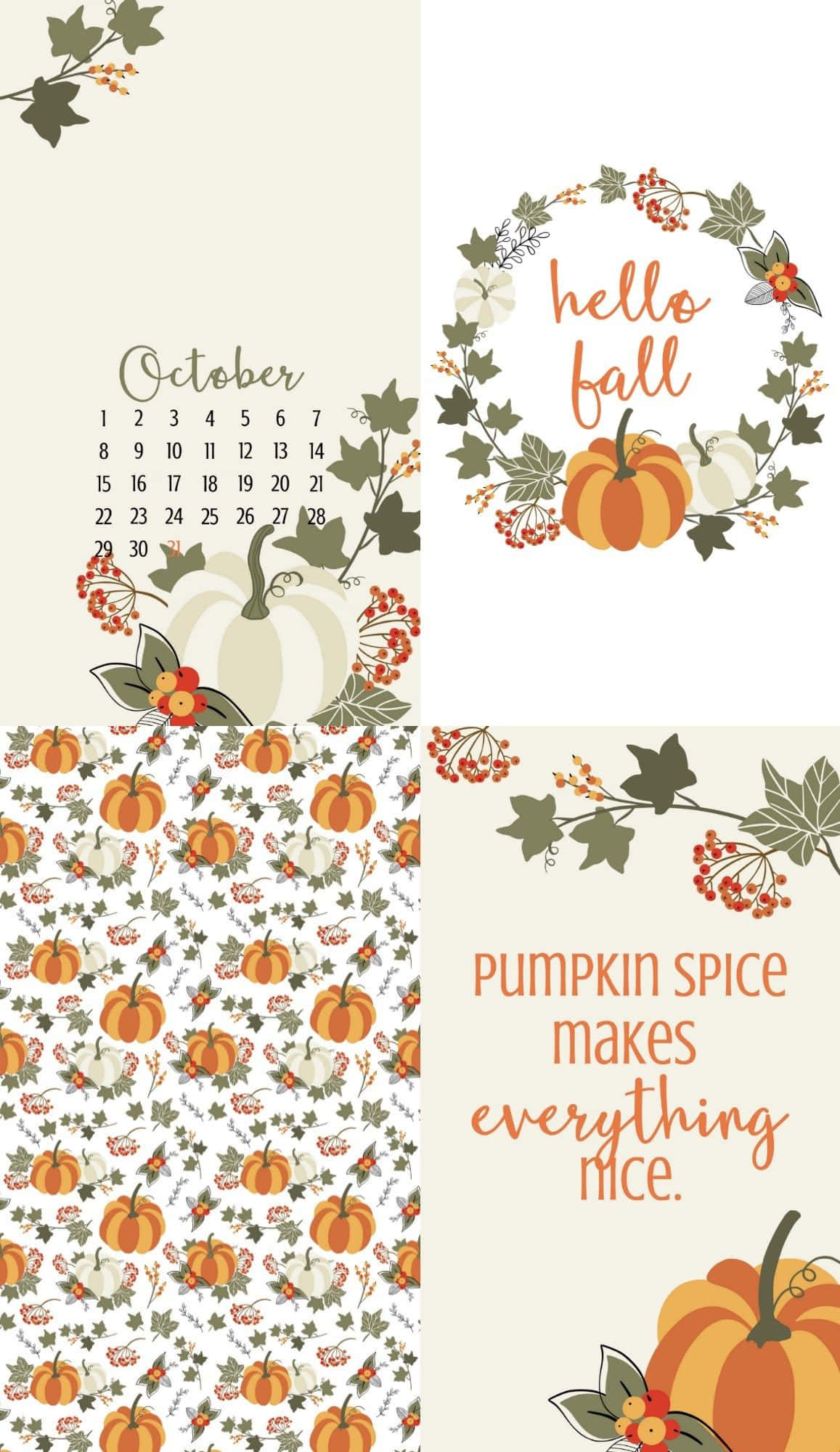 Hello October With Pumpkin 桌布 壁紙 — 一個舒適的秋季主題壁紙拼貼畫， featuring 南瓜、常春藤、漿果和一個帶有溫暖大地色調的日曆。