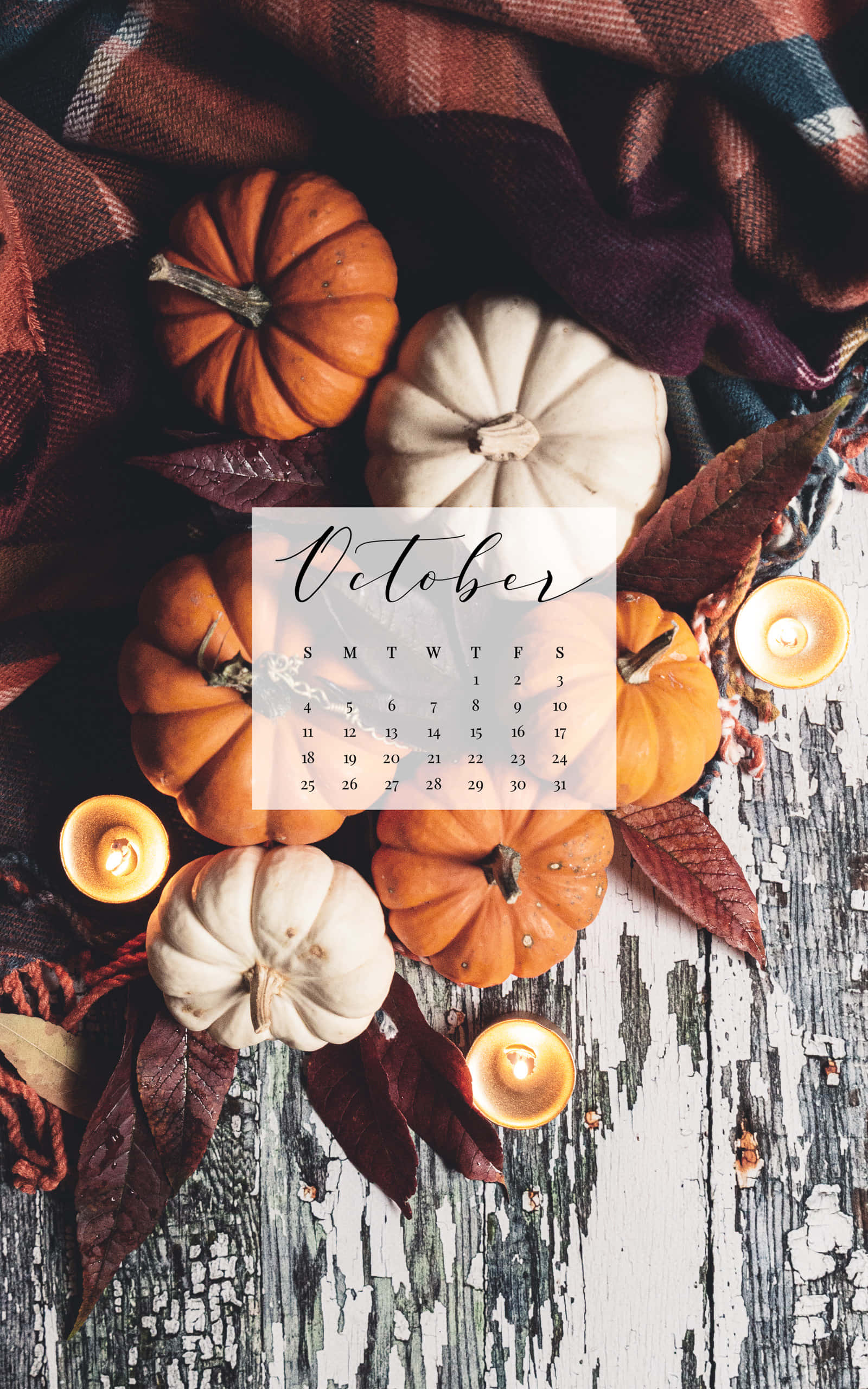 October 2021 Calendar 桌布 壁紙 — 一個舒適的秋季佈置，包含橙色和白色的南瓜、蠟燭和格子布，放在風化的木質表面上，並帶有十月日曆疊加。
