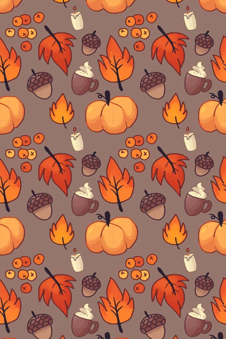 Cute Pumpkin iPhone 桌布 壁紙 — 一個舒適的秋季圖案，包含南瓜、橡果、樹葉、蠟燭和熱可可杯，背景為柔和的棕色。