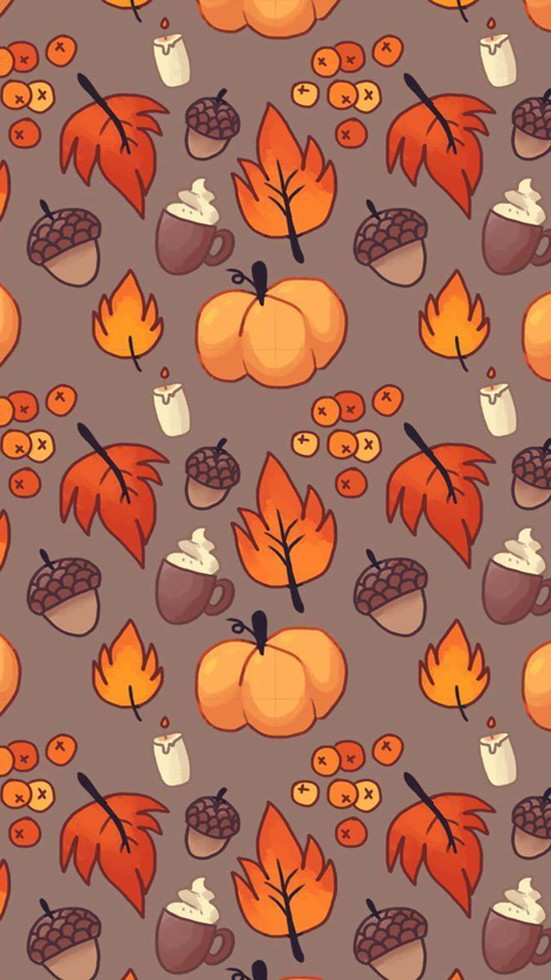 Autumn Leaves 桌布 壁紙 — 一個舒適的秋季壁紙圖案，包含南瓜、橡子、樹葉、蠟燭和熱可可杯，背景為柔和的棕色。