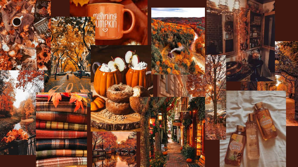 Fall Collage 桌布 壁紙 — 一個舒適的秋季拼貼畫， featuring 南瓜、肉桂卷、格紋毯和金色落葉街道，在溫暖的日落光線下。