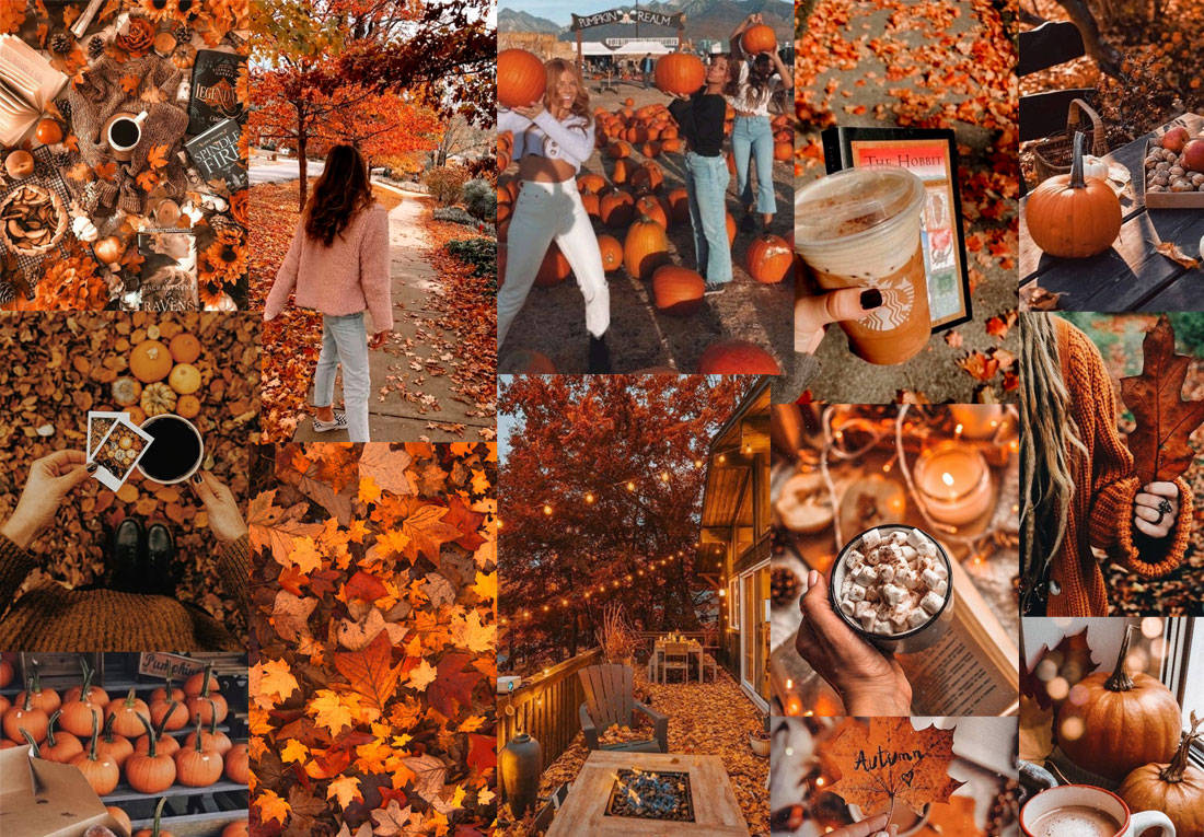 Autumn Season 桌布 壁紙 — 一個舒適的秋季拼貼畫， featuring 南瓜、落葉、熱飲和享受季節時刻的人們。