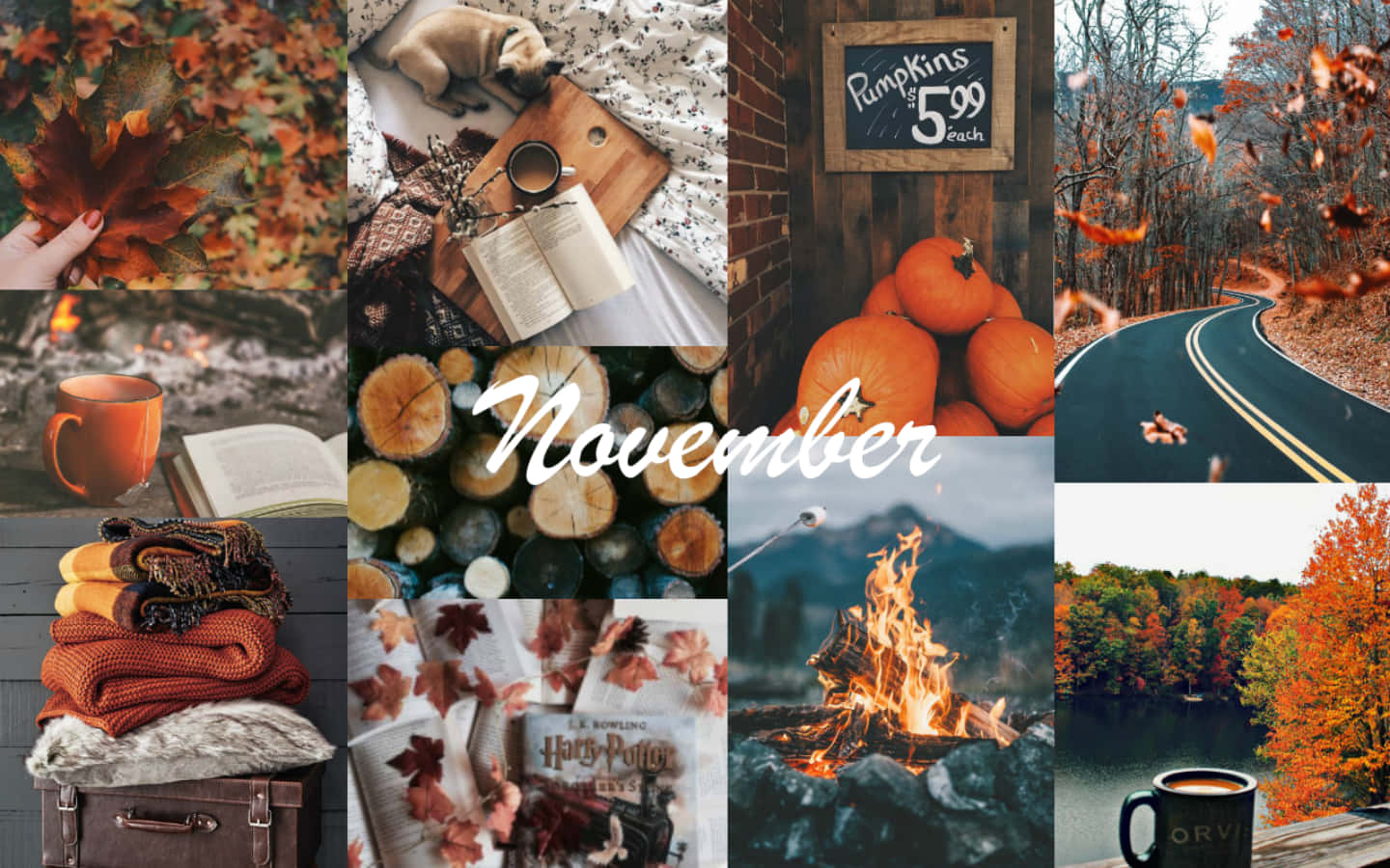 Tumblr Autumn Desktop 桌布 壁紙 — 一個舒適的秋季拼貼畫，以南瓜、火、樹葉、書籍和熱飲為特色，喚起十一月的懷舊情懷。