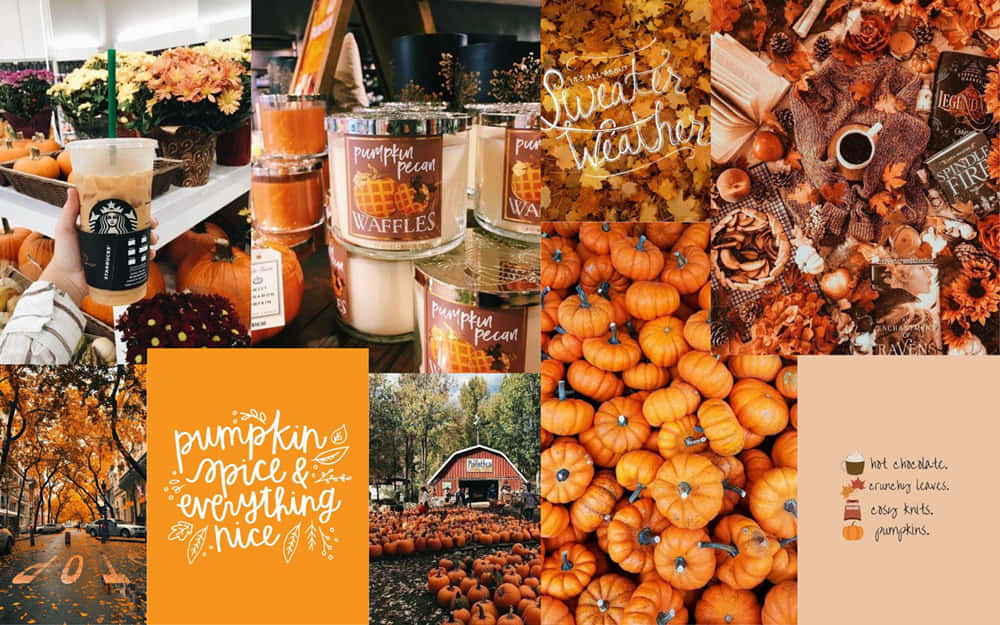 Fall Collage 桌布 壁紙 — 一個舒適的秋季拼貼畫，以南瓜、蠟燭、秋葉和季節性美食為特色，採用溫暖的橙色調。