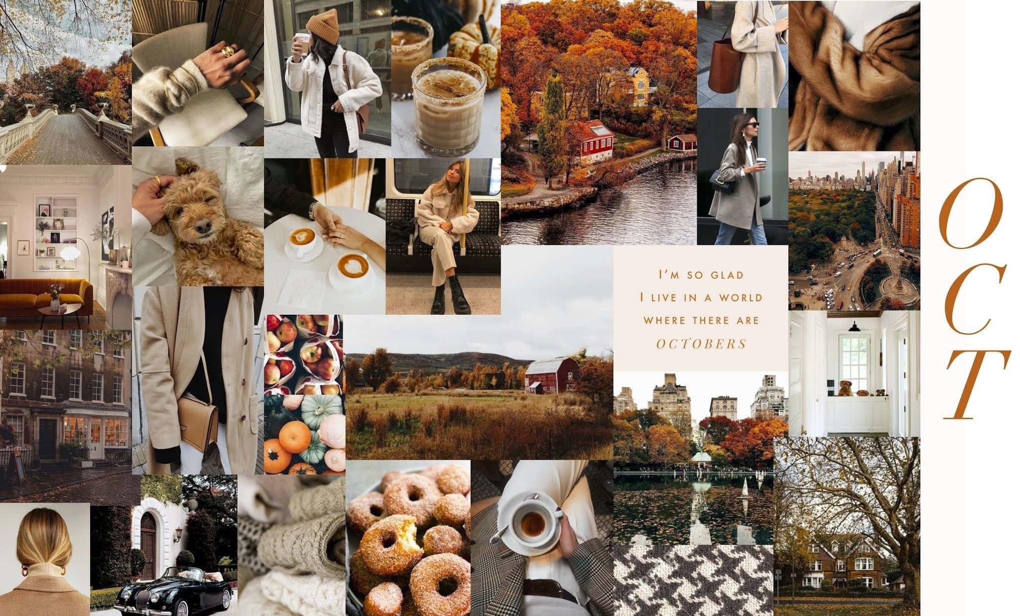 Collage 桌布 壁紙 — 一個舒適的秋季拼貼畫，以咖啡、甜甜圈、溫暖的毛衣和金黃色的樹葉場景來慶祝這個季節。