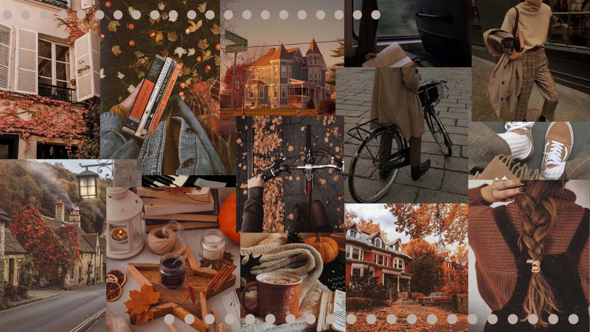 Fall Aesthetic Desktop 桌布 壁紙 — 一個舒適的秋季拼貼畫，以溫暖的大地色調呈現秋葉、熱飲、復古房屋和時尚街景。