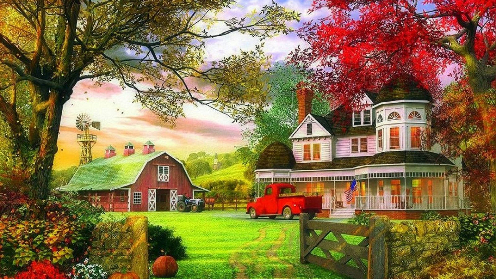 House 桌布 壁紙 — 一個舒適的秋季農莊，有紅色穀倉、風車和一座兩層樓的房子，在鮮豔的秋葉下溫暖地發光。