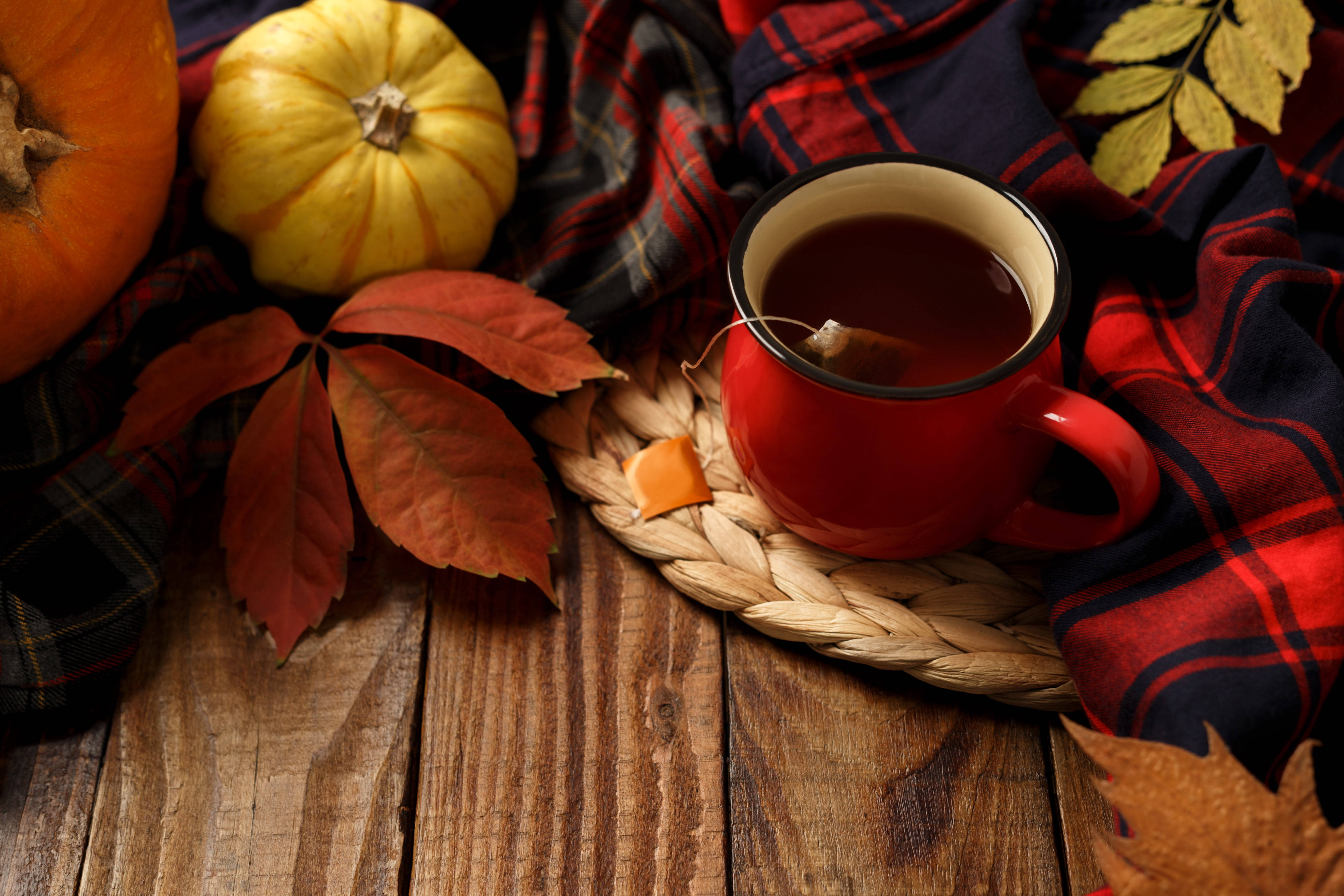 Cozy 桌布 壁紙 — 一個舒適的秋日場景，一個紅色茶杯放在編織墊上，周圍有南瓜和鮮豔的秋葉，擺在質樸的木桌上。