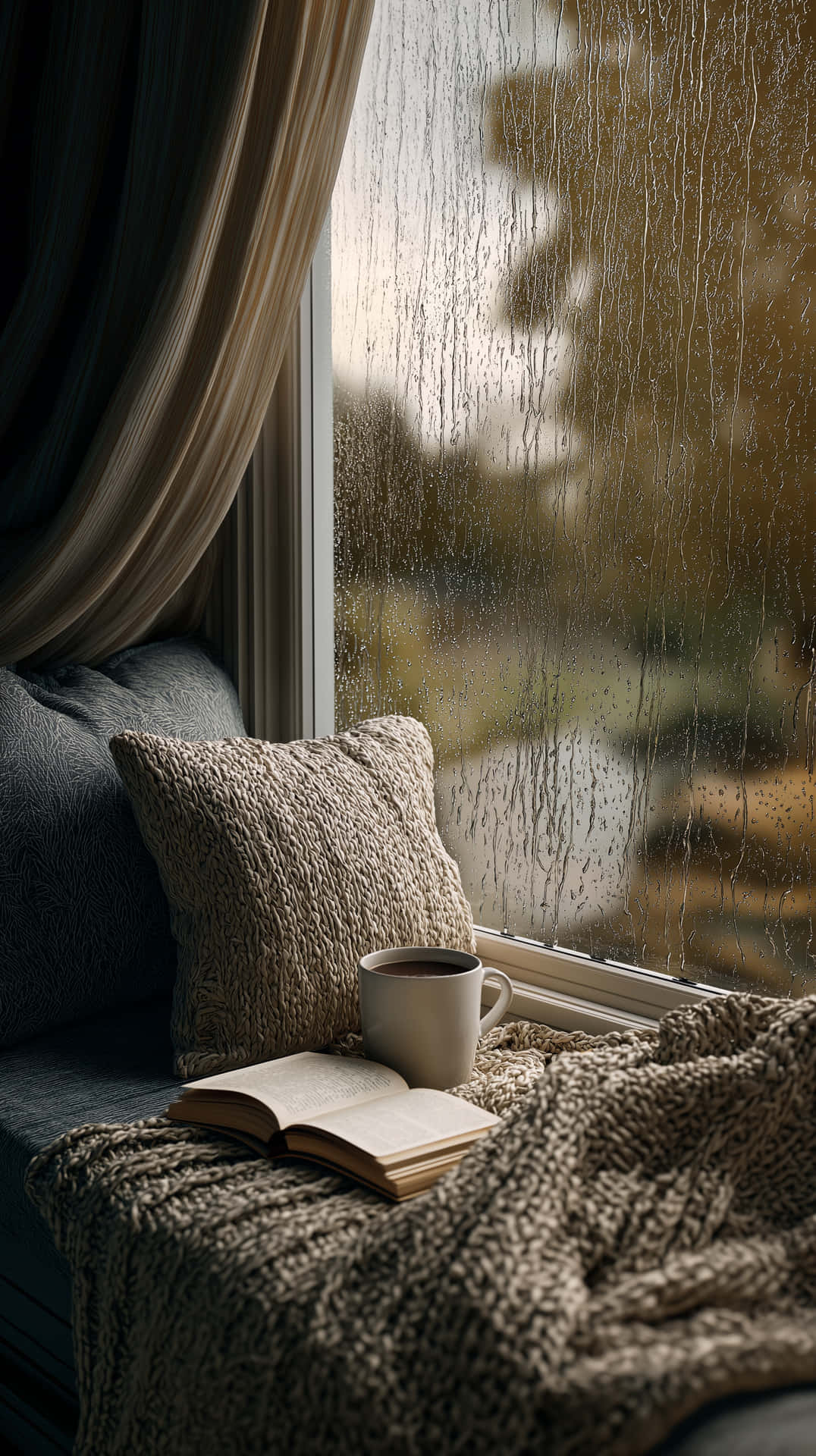 Comforting Window View on a Wet Day with Drizzling Rain 壁紙 — 一個舒適的窗邊座位，鋪著質感米色針織毛毯，放著一本打開的書和陶瓷杯，旁邊是雨水斑駁的玻璃窗，柔和的金色光線透過窗簾灑進來。